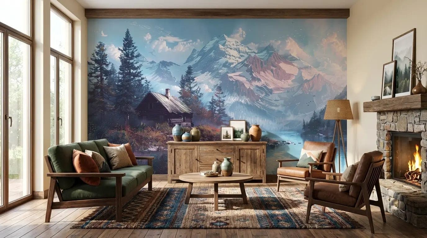 alpenmeer houten chalet en besneeuwde bergen behang op maat in blauw
