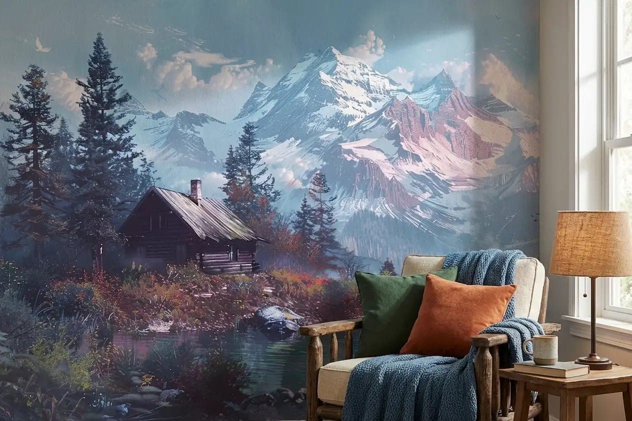 naadloos alpenmeer houten chalet en besneeuwde bergen behang op maat
