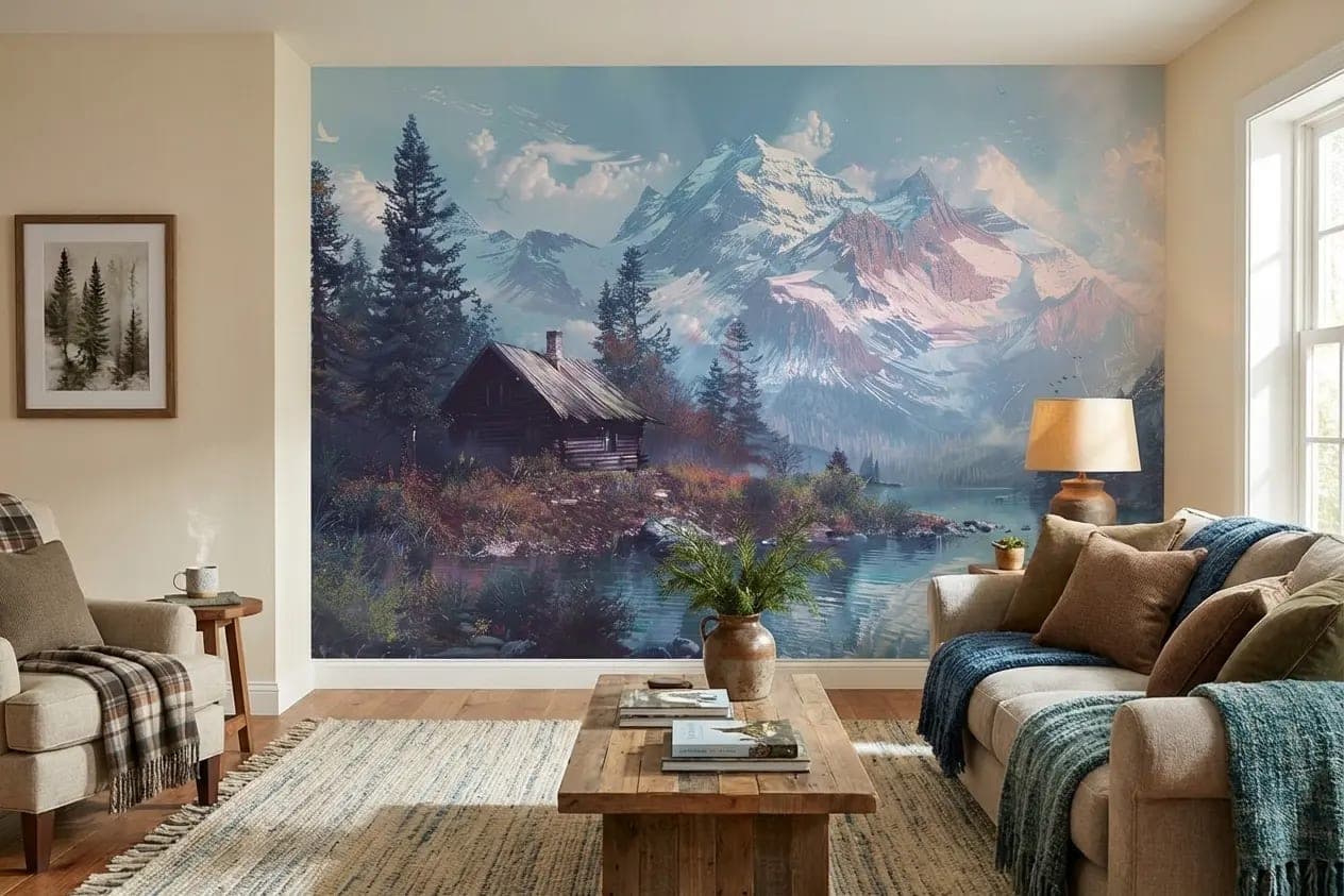 alpenmeer houten chalet en besneeuwde bergen behang in blauw — naadloos op maat geprint