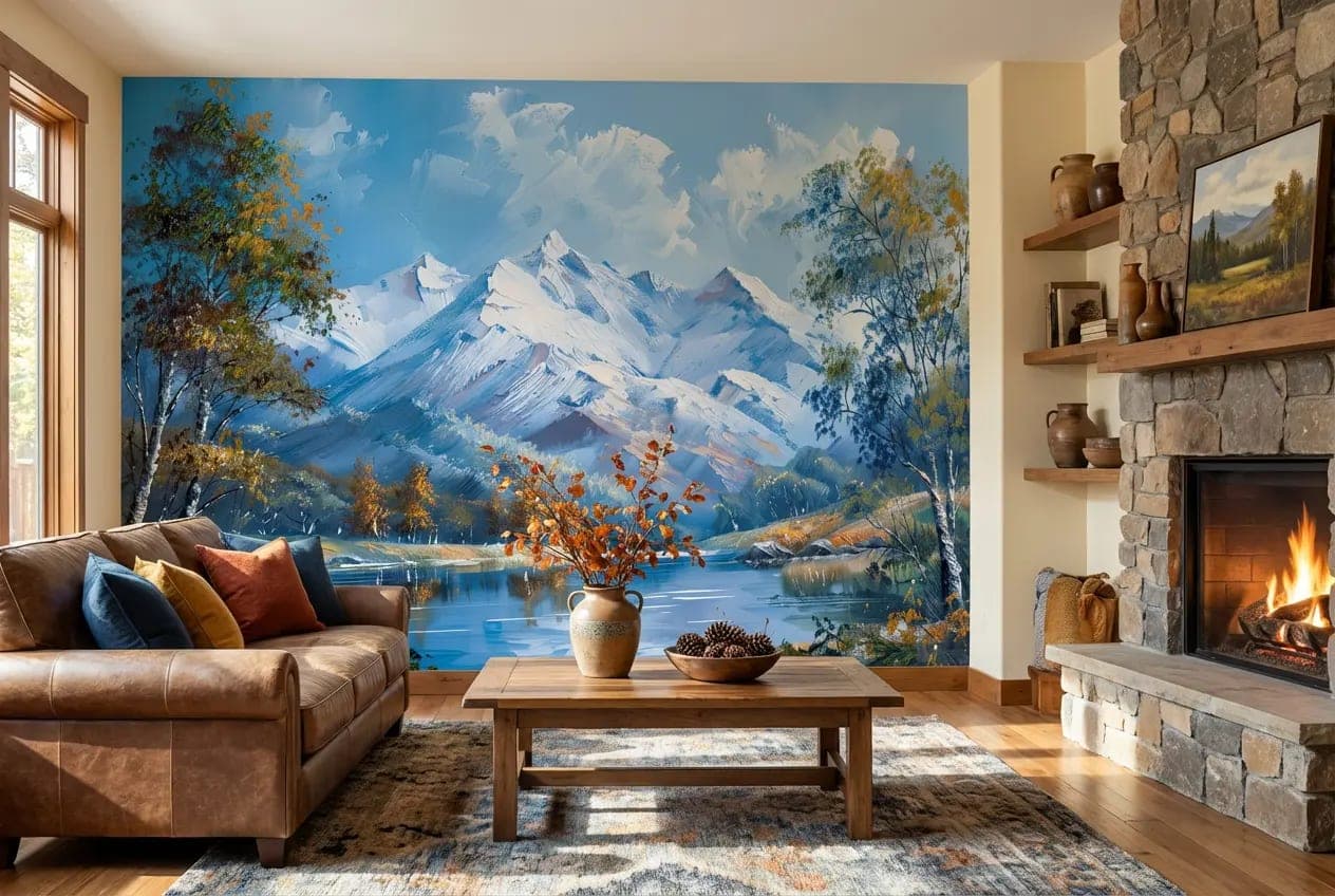 schilderachtig berglandschap blauwe lucht en meer behang op maat