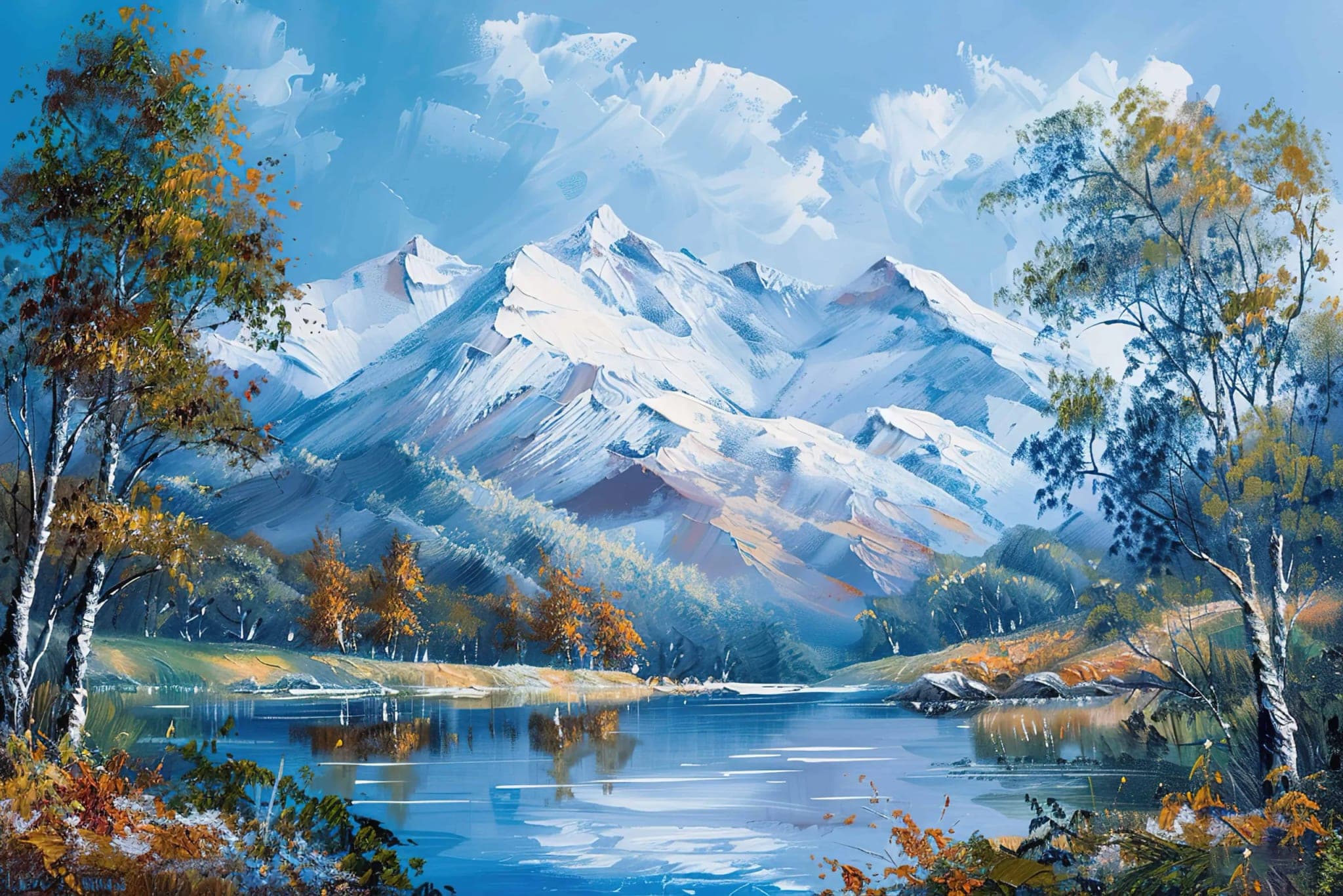 Fotobehang Schilderachtig Berglandschap met Blauwe Lucht en Meer