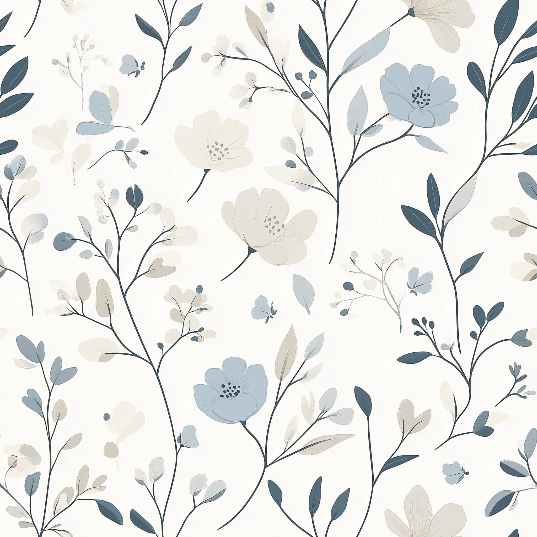 Scandinavisch Bloemen Behang in Blauw en Zand op Lichte Achtergrond