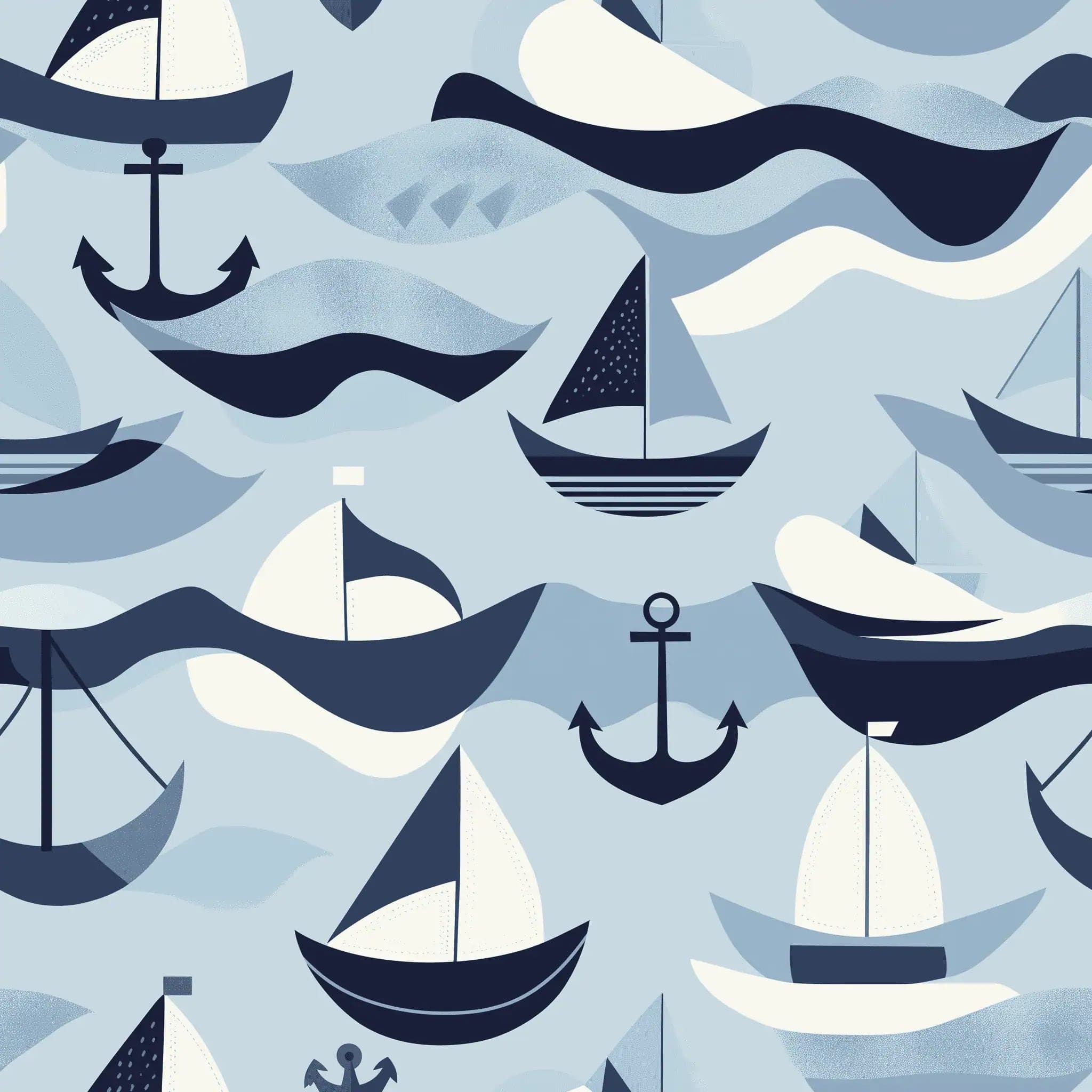Blauw Zeilboot Kinderkamer Behang met Golven