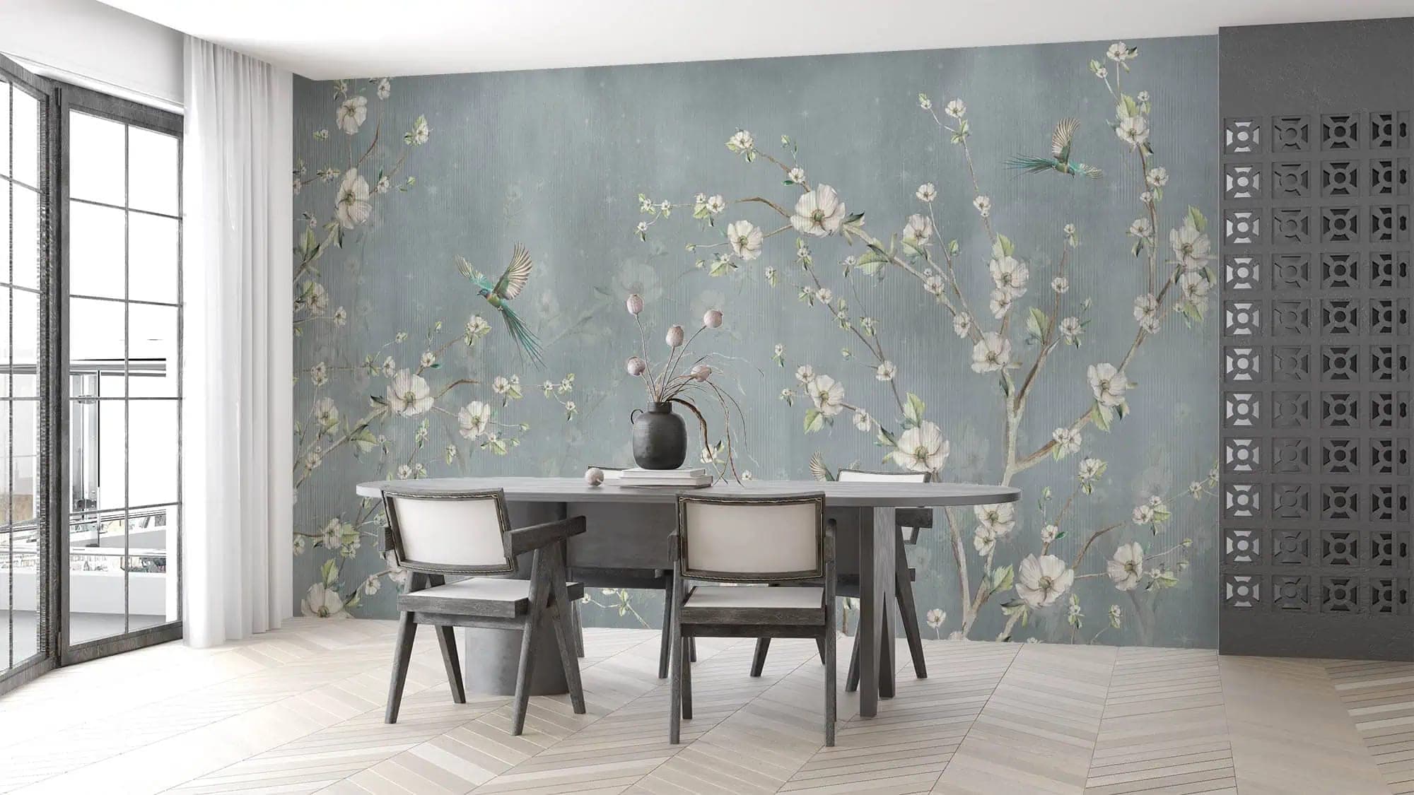 blauwe bloesemtakken vogels op vintage achtergrond behang op maat