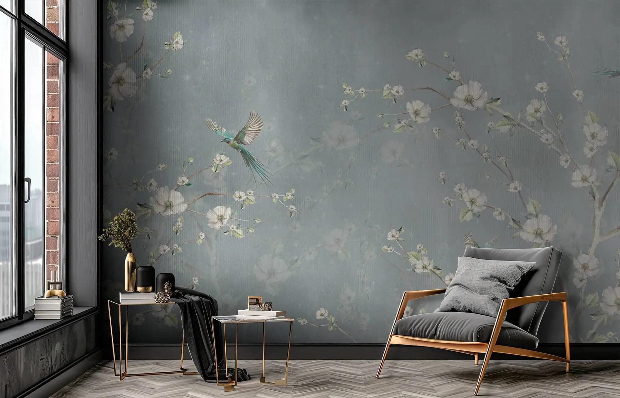 blauwe bloesemtakken vogels op vintage achtergrond behang — naadloos op maat geprint