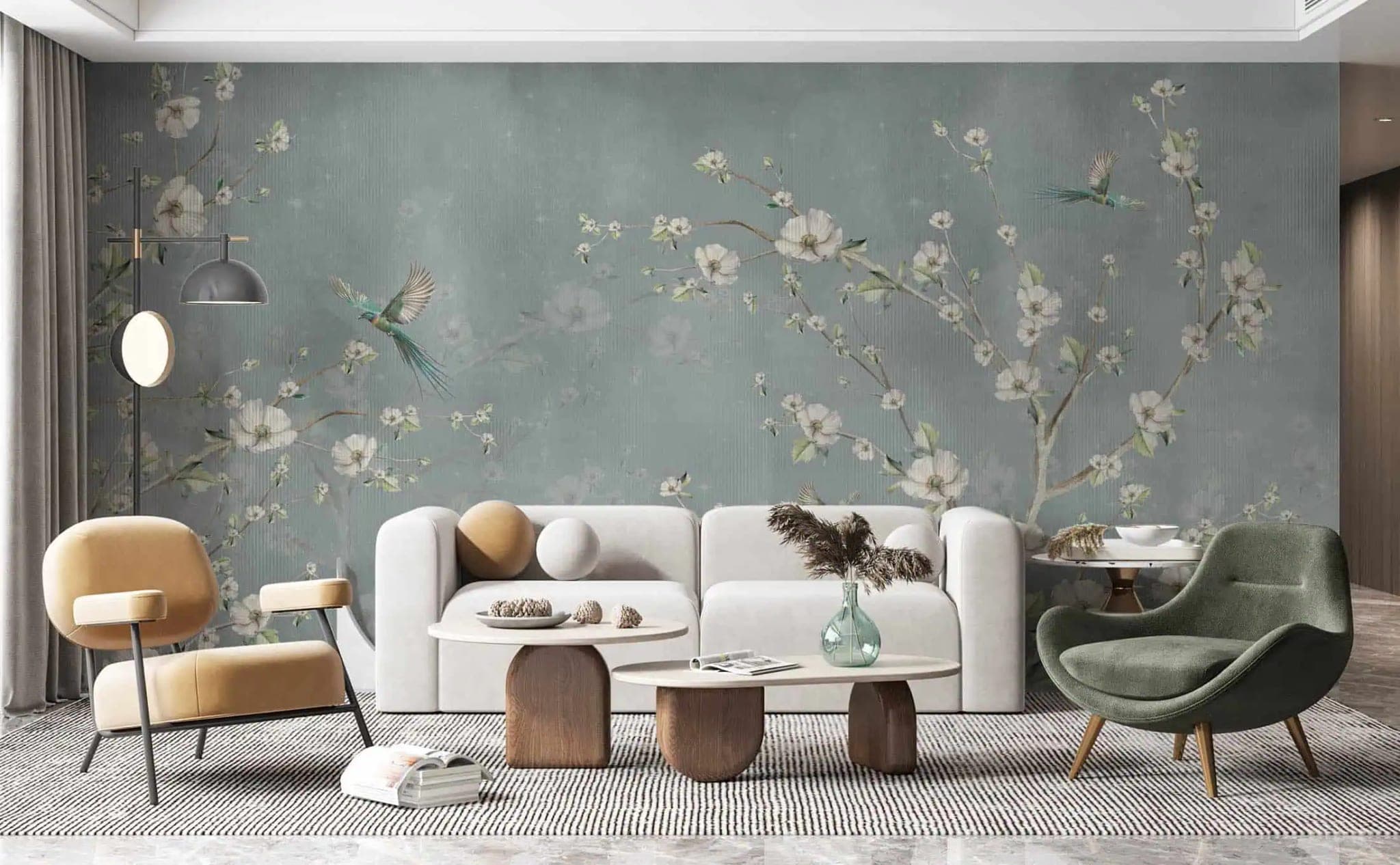 blauwe bloesemtakken vogels op vintage achtergrond behang