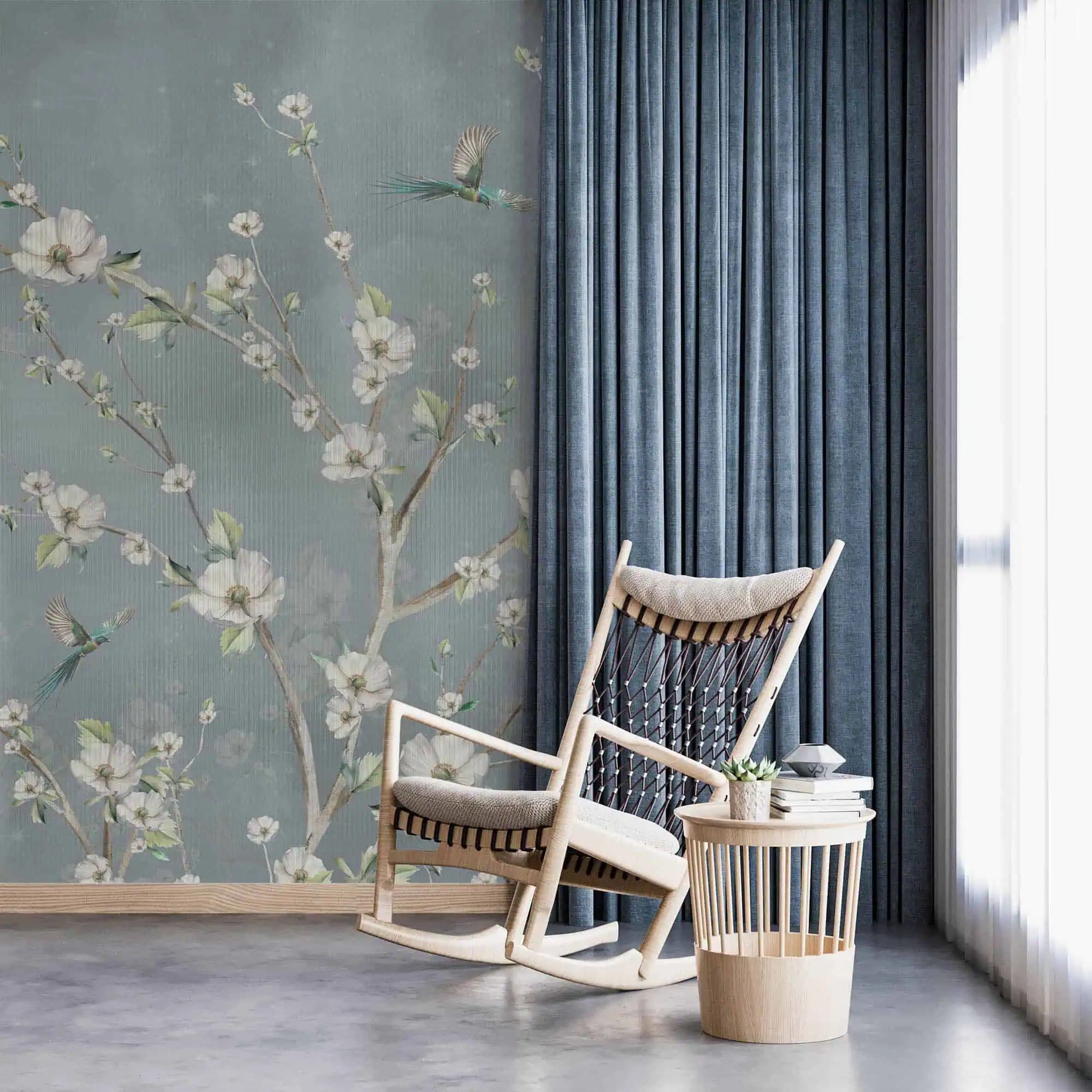 blauwe bloesemtakken vogels op vintage achtergrond behang op maat