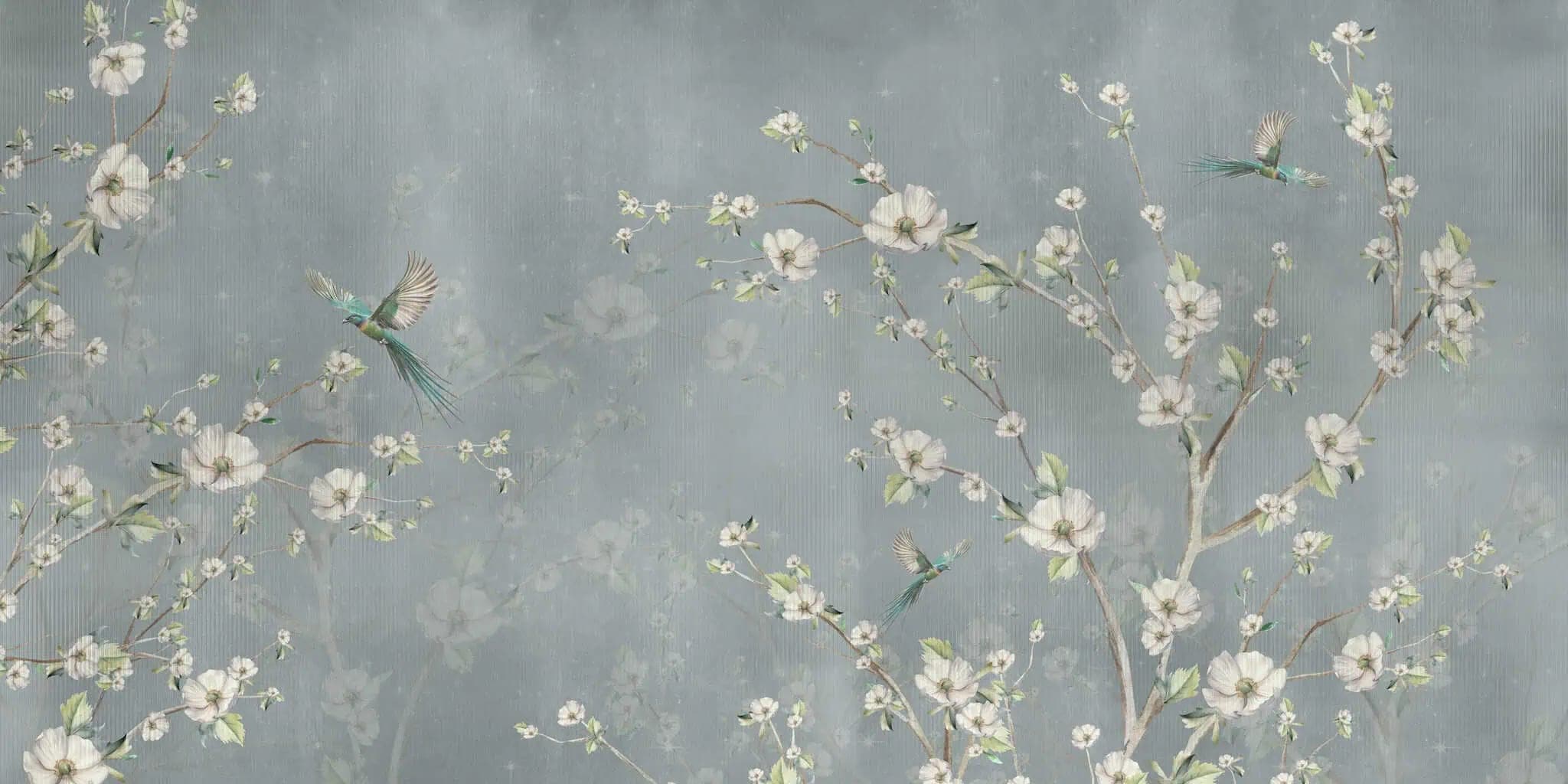 Fotobehang Blauwe Bloesemtakken met Vogels op Vintage Achtergrond