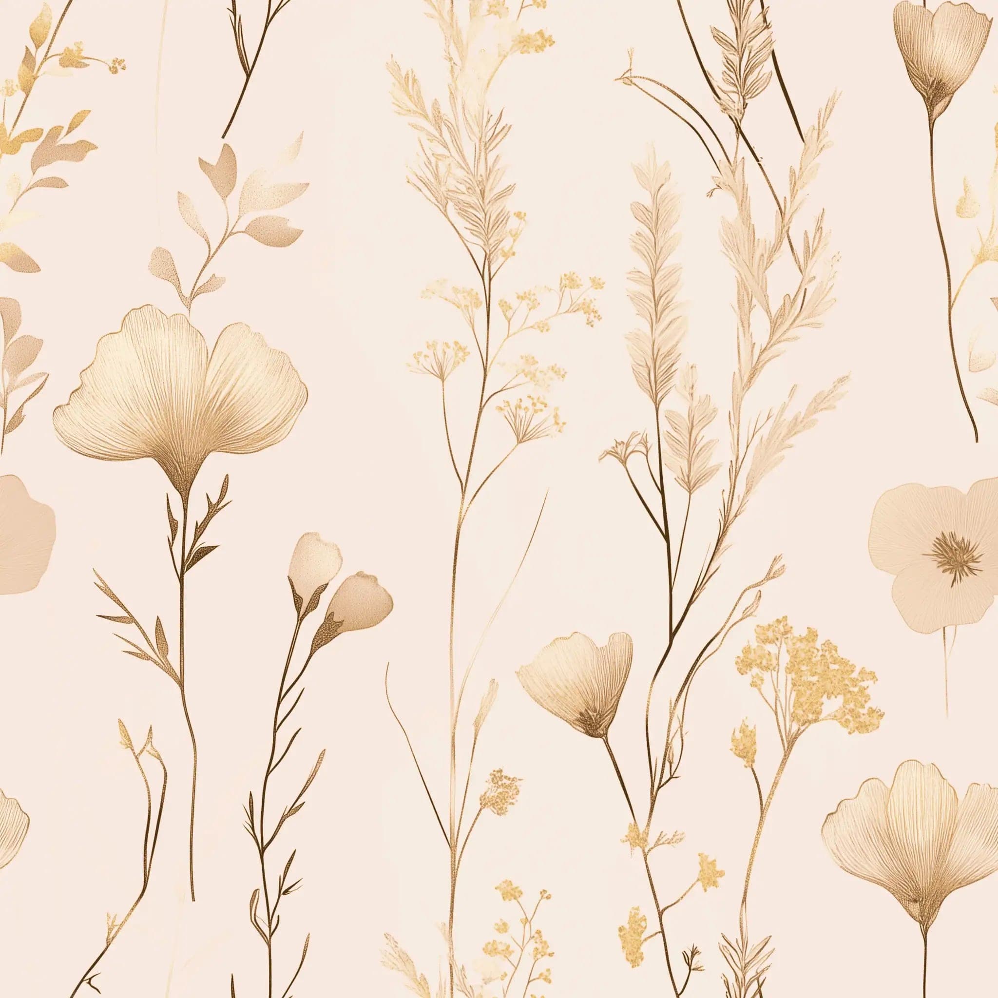 Bloemen Behang met Zachte Beige en Gouden Accenten