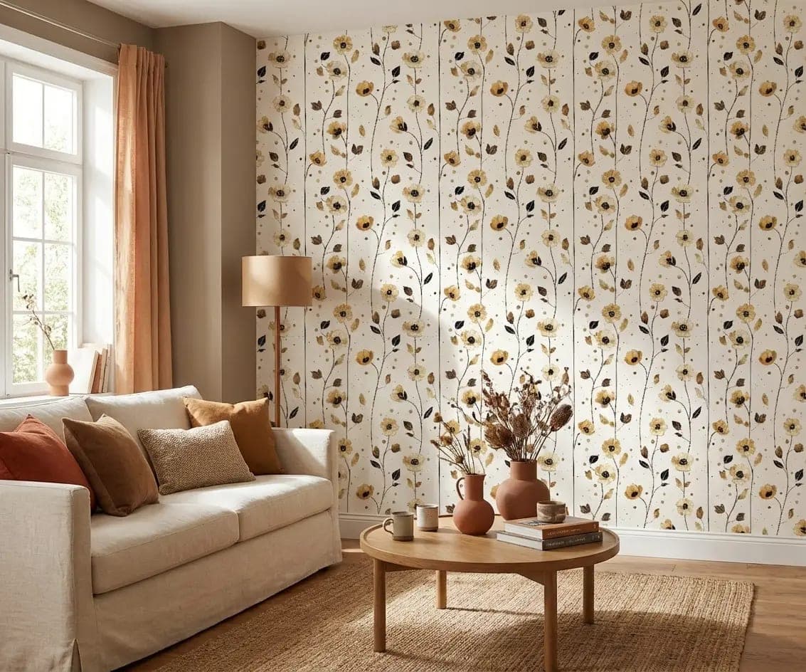gele bloemenranken op crème achtergrond behang op maat in beige en goud