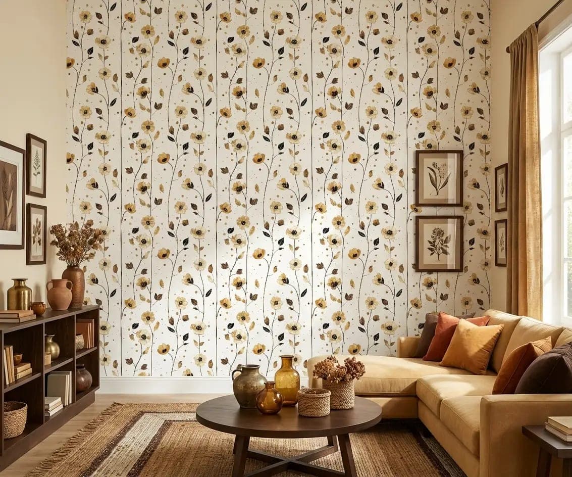 gele bloemenranken op crème achtergrond behang in beige en goud — naadloos op maat geprint