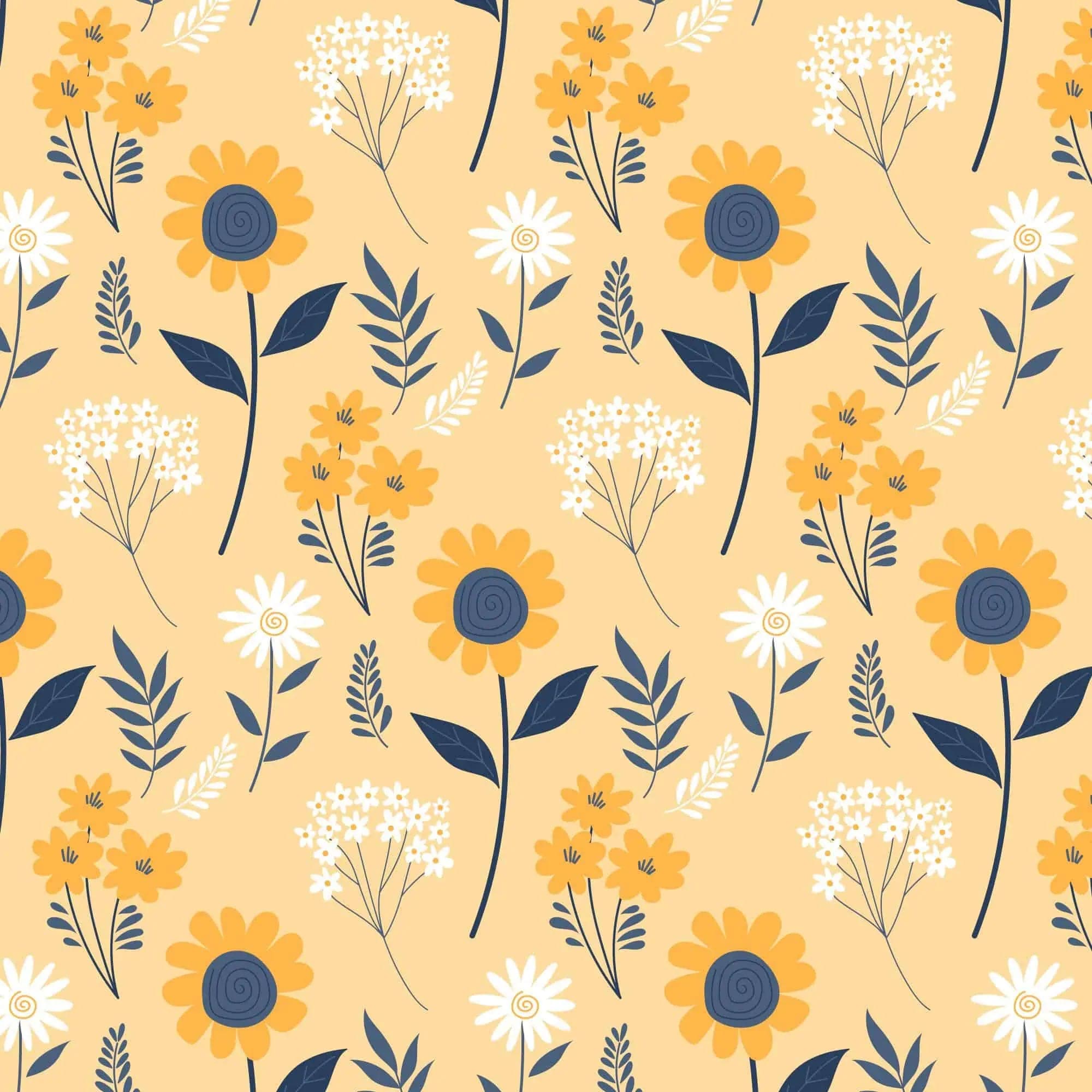 Behang met Gele Zonnebloemen en Witte Madeliefjes op Pastelgeel