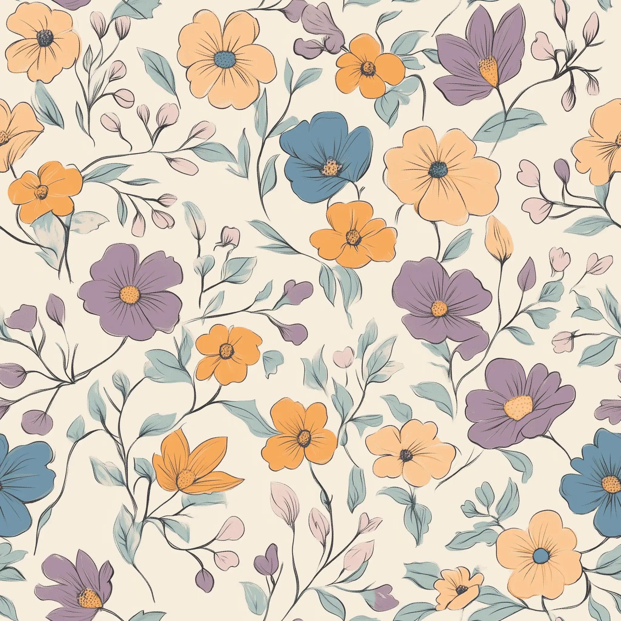 Speels Bloemen Behang in Oker, Blauw en Lila op Crème