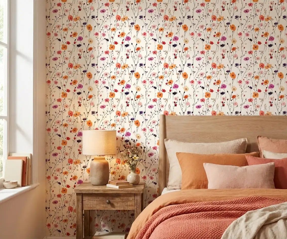 veldbloemen oranje, roze en paars op crème behang op maat in beige