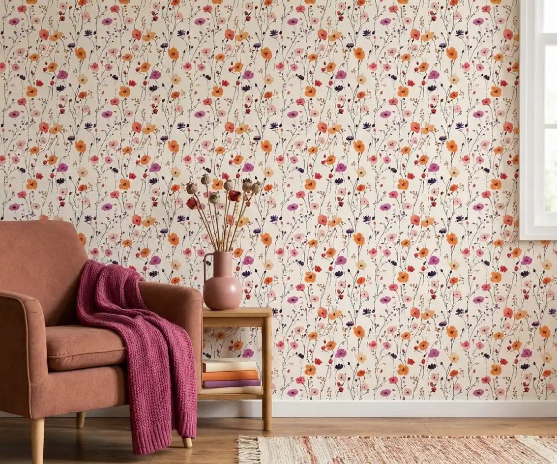veldbloemen oranje, roze en paars op crème behang in beige — naadloos op maat geprint