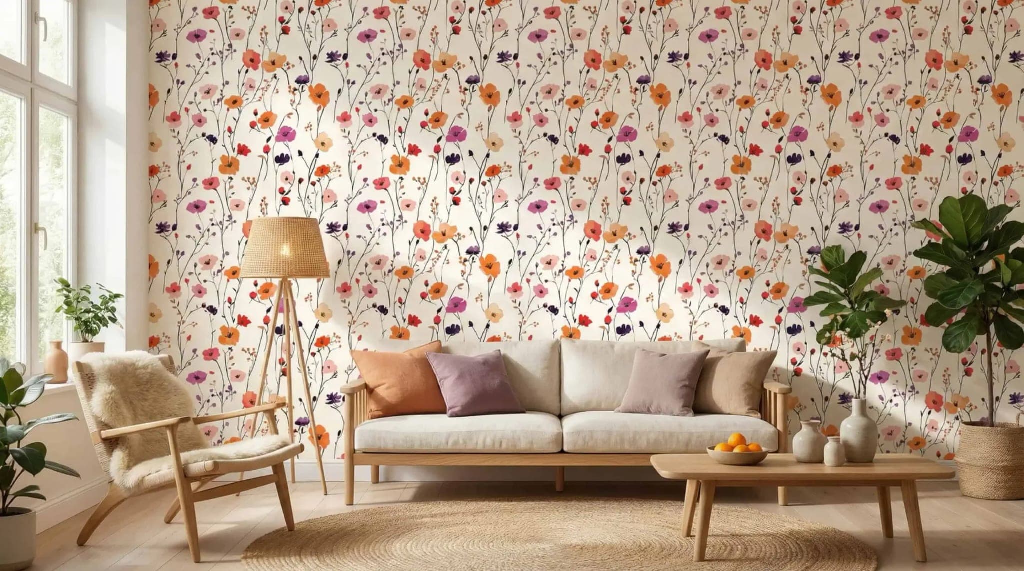 veldbloemen oranje, roze en paars op crème behang in beige