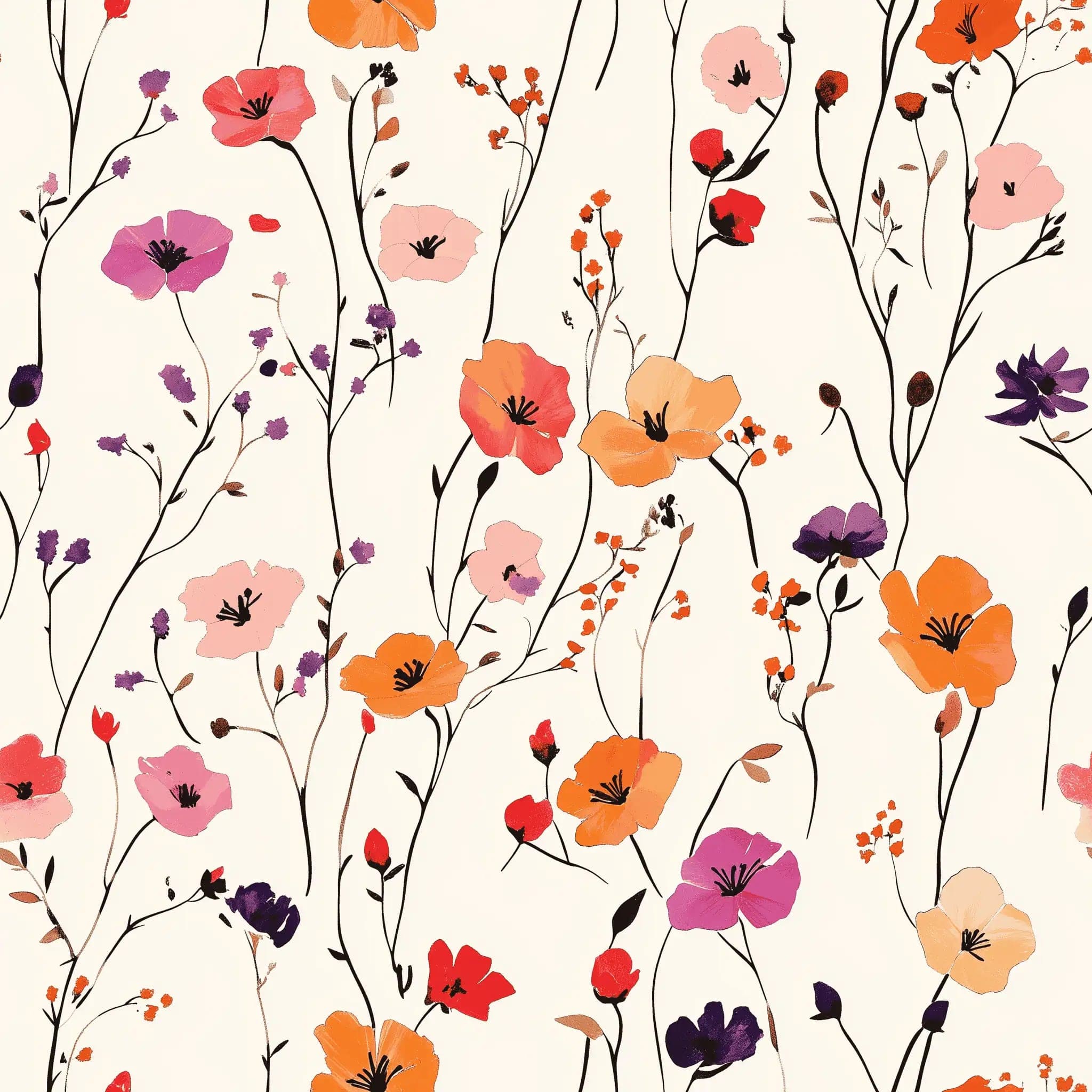 Behang met Veldbloemen in Oranje, Roze en Paars op Crème