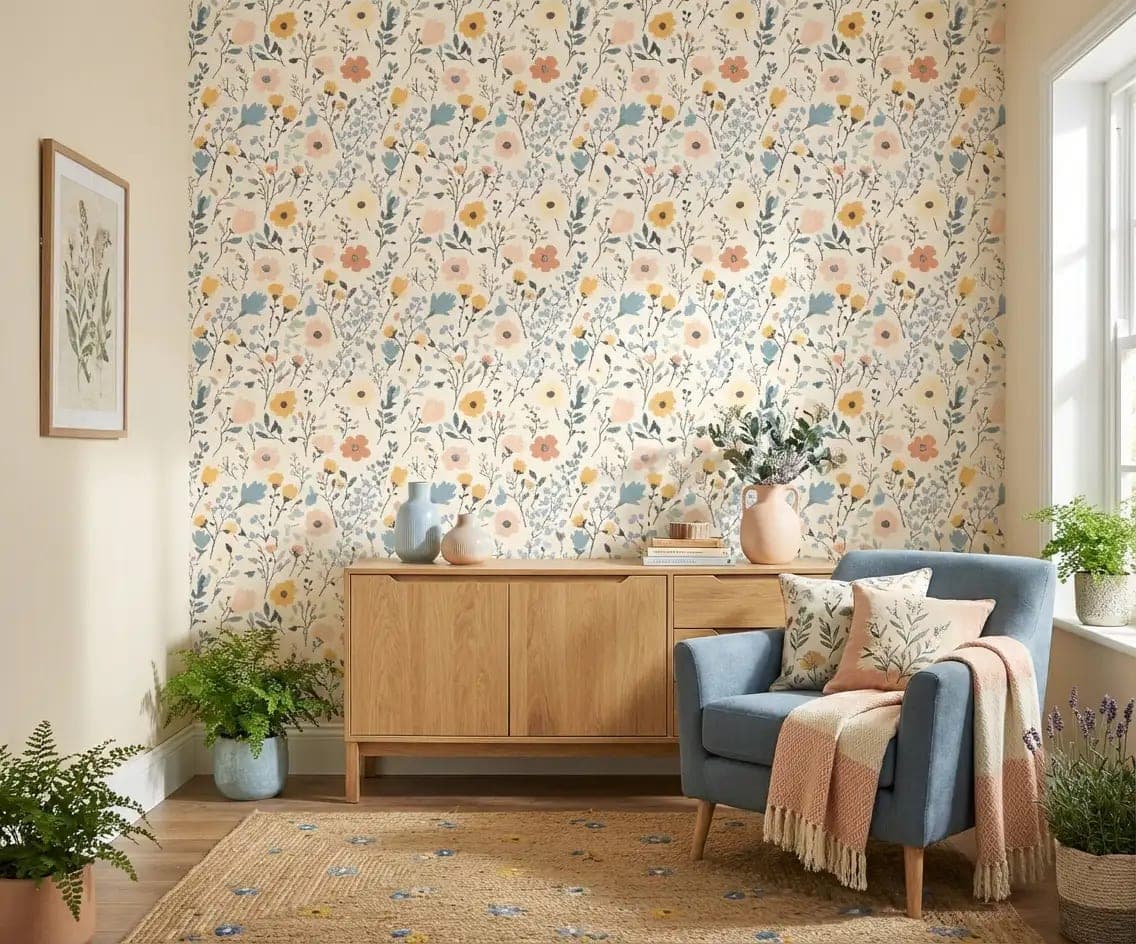 bloemen pastel gele en blauwe accenten op crème behang op maat in beige