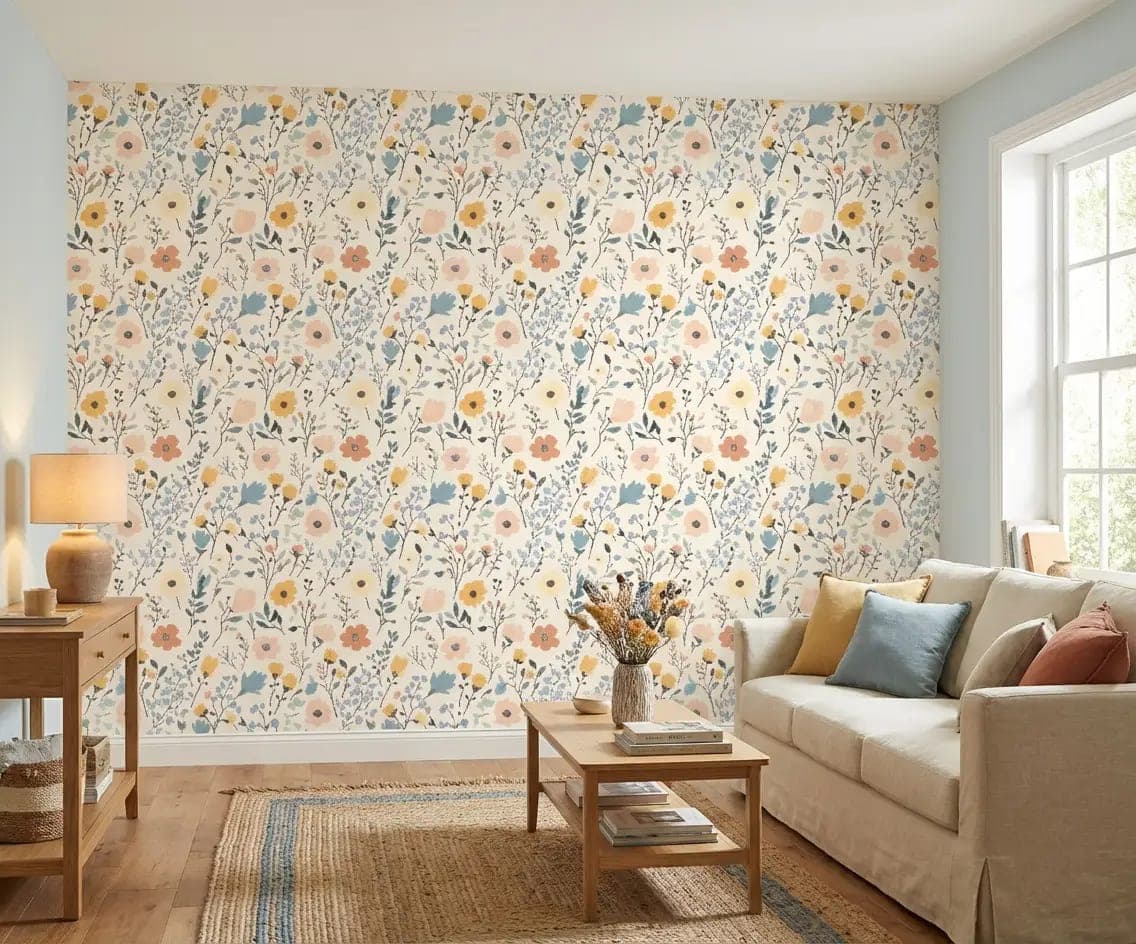 bloemen pastel gele en blauwe accenten op crème behang in beige — naadloos op maat geprint