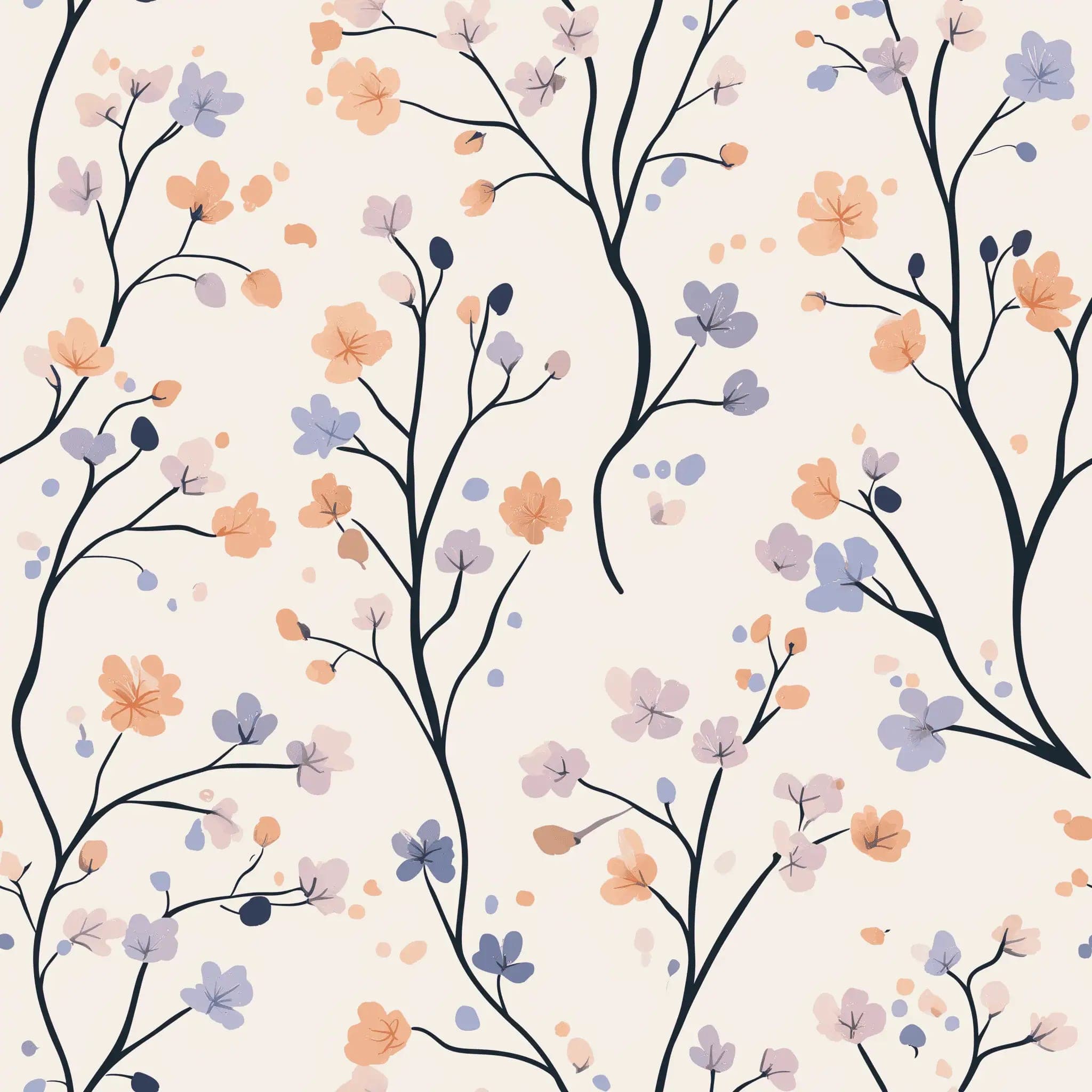Bloemen Behang met Perzik en Lila Takkenspel op Crème