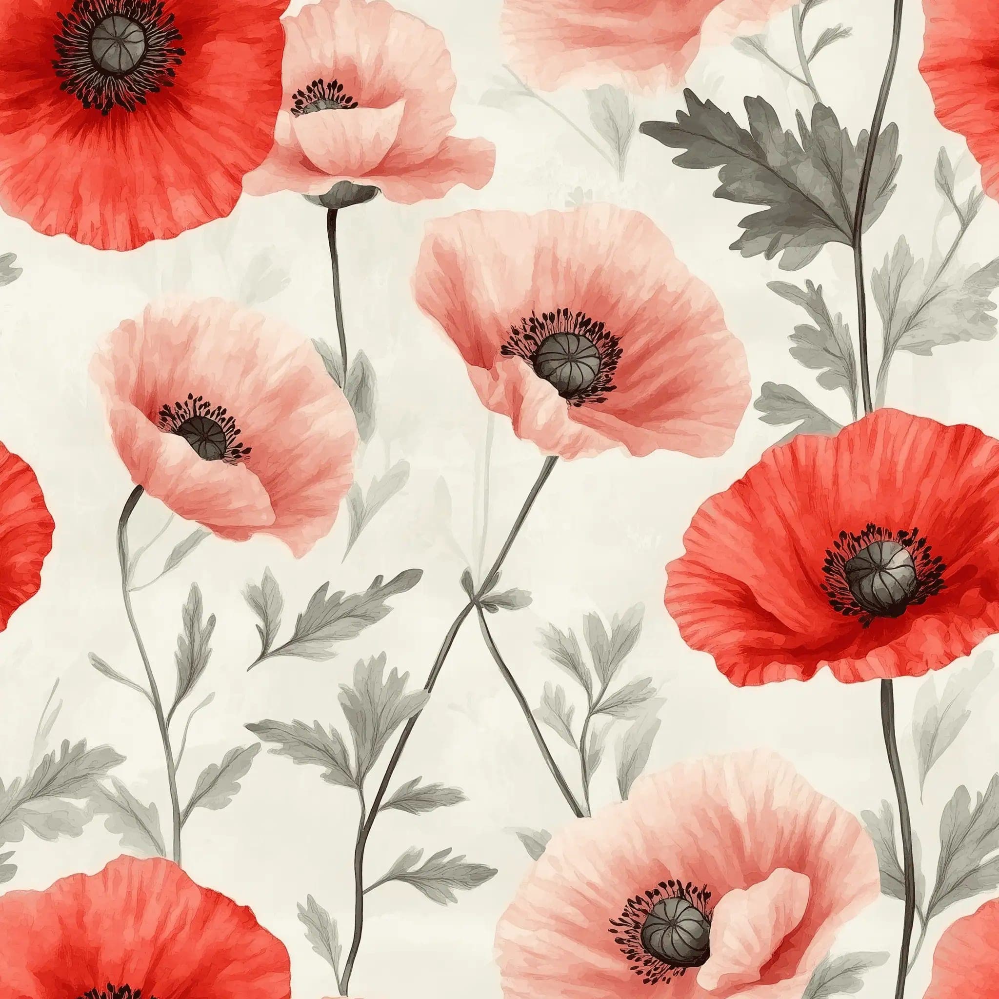 Bloemen Behang met Rode Klaprozen en Grijze Bladeren op Crème
