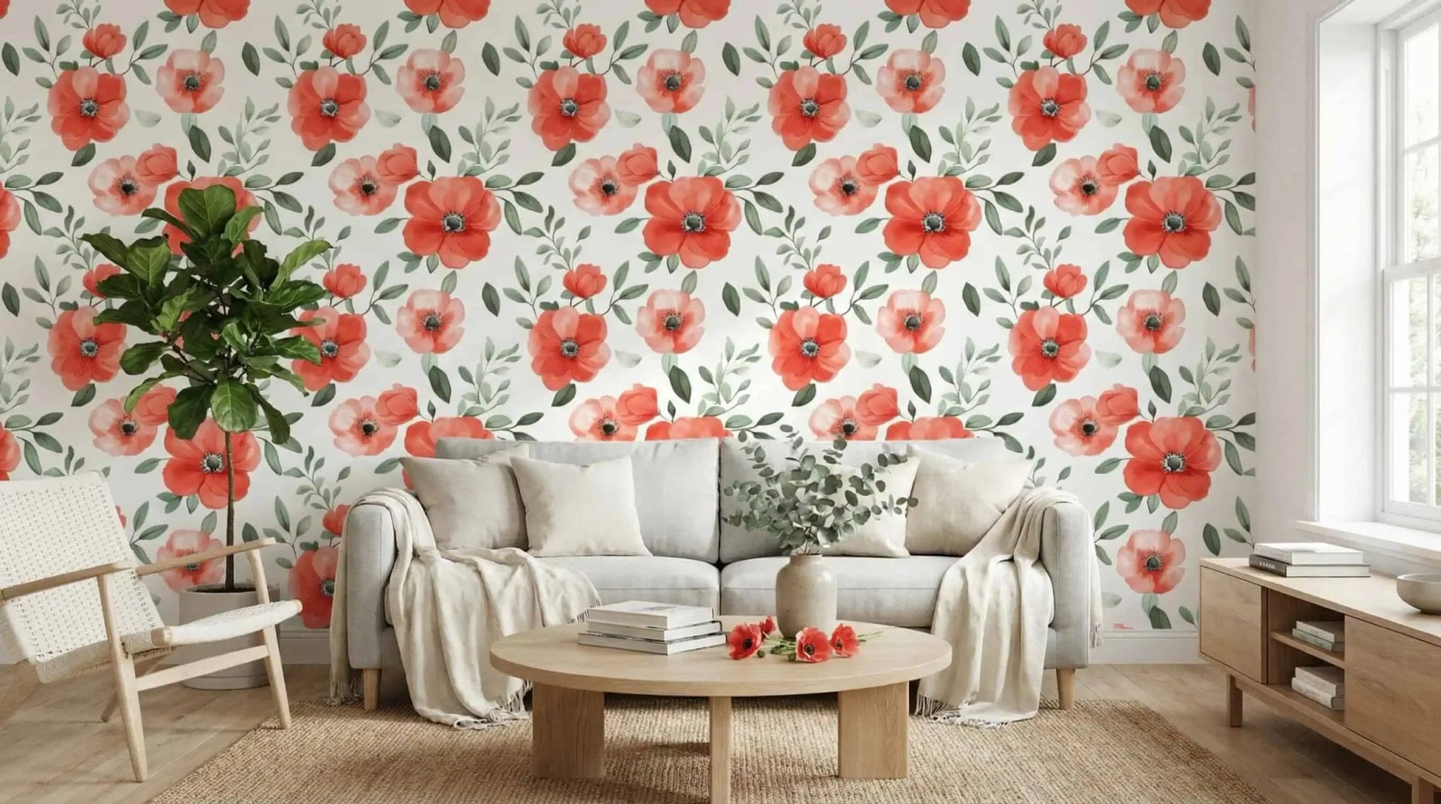 bloemen rode klaprozen en groene bladeren op wit behang op maat