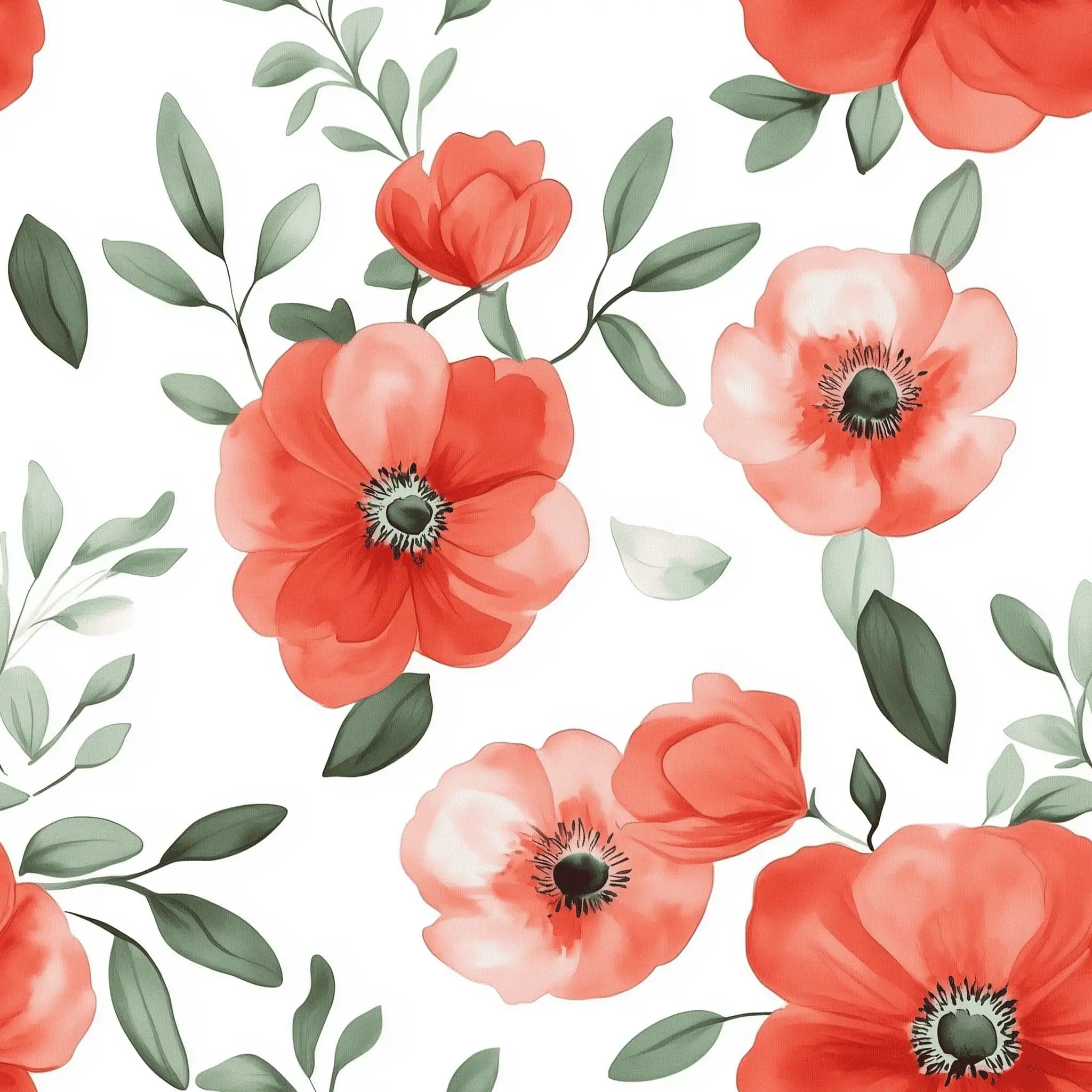 Bloemen Behang met Rode Klaprozen en Groene Bladeren op Wit