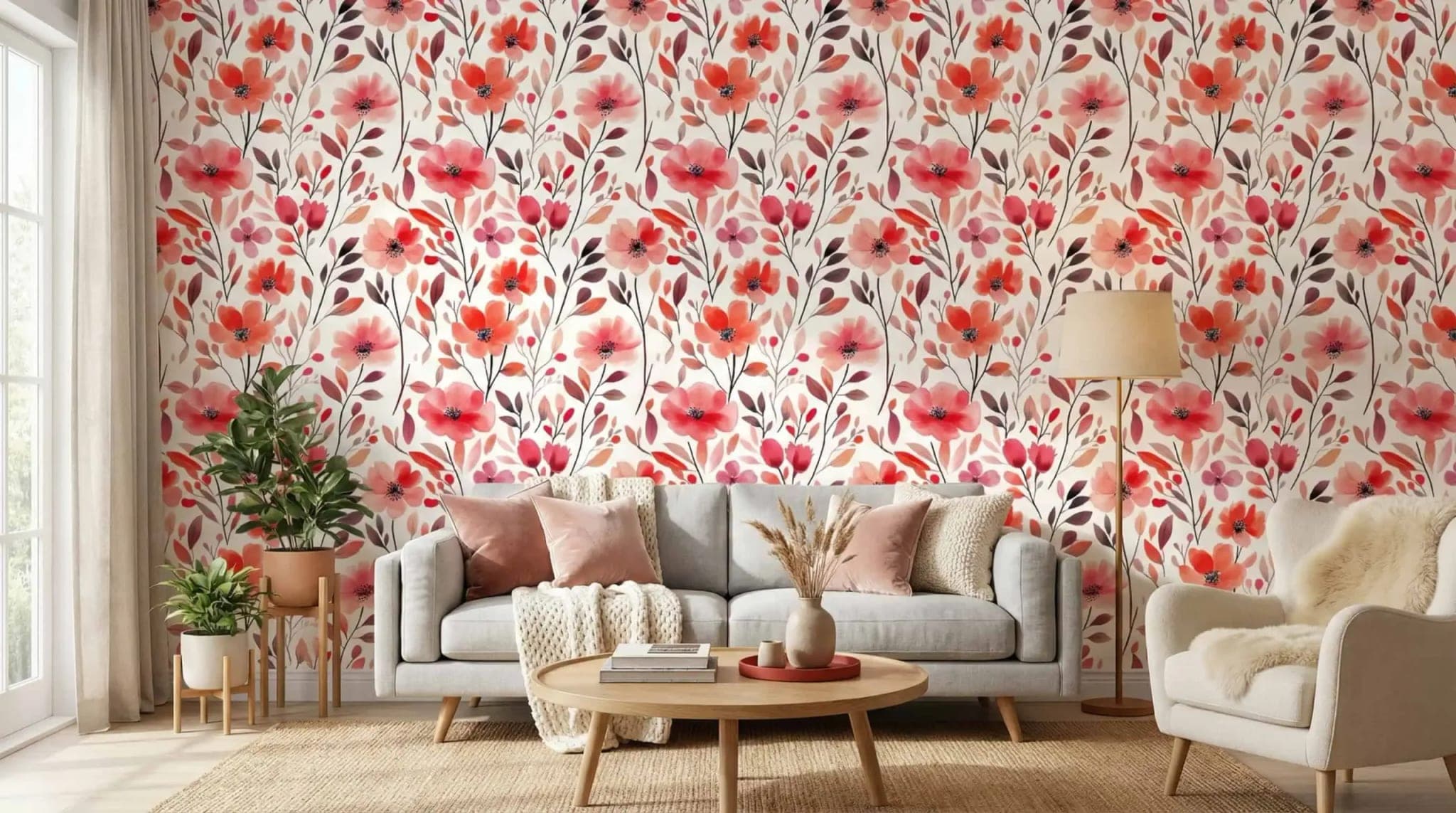 bloemen rode aquarelbloemen en fijne takjes behang op maat