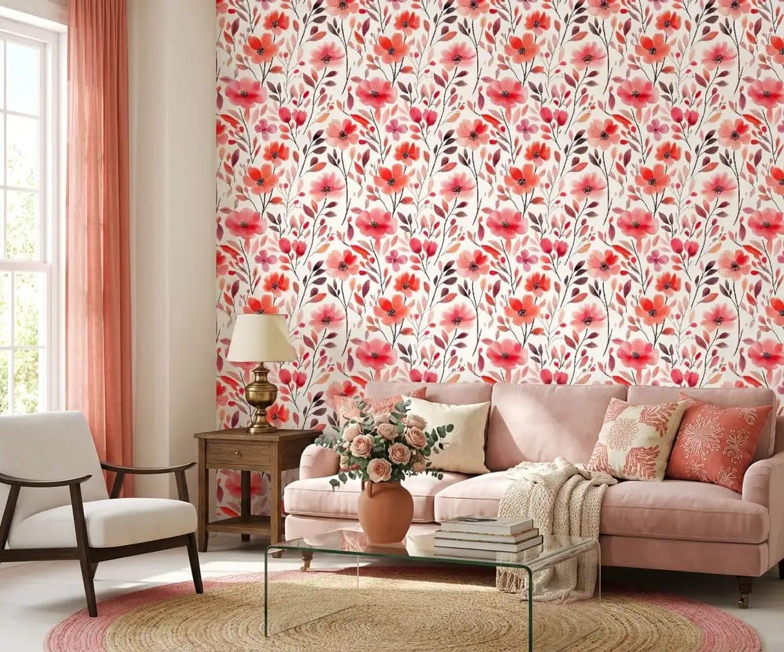 naadloos bloemen rode aquarelbloemen en fijne takjes behang op maat