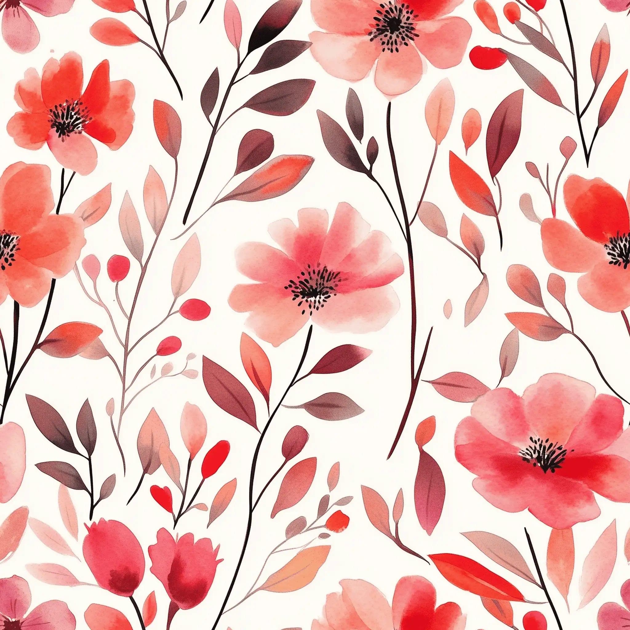 Bloemen Behang met Rode Aquarelbloemen en Fijne Takjes