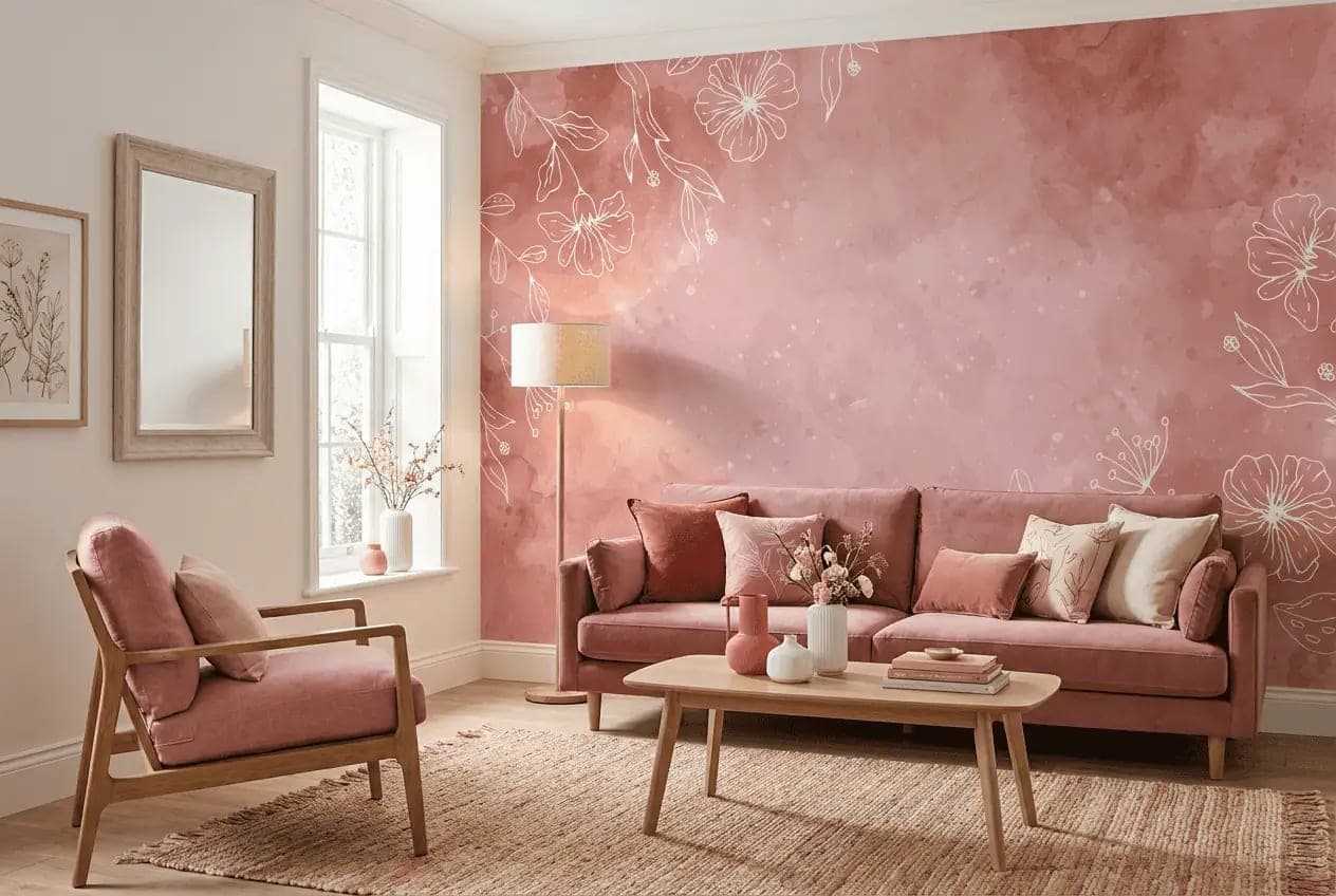 roze aquarel achtergrond witte lijnbloemen behang op maat in terracotta