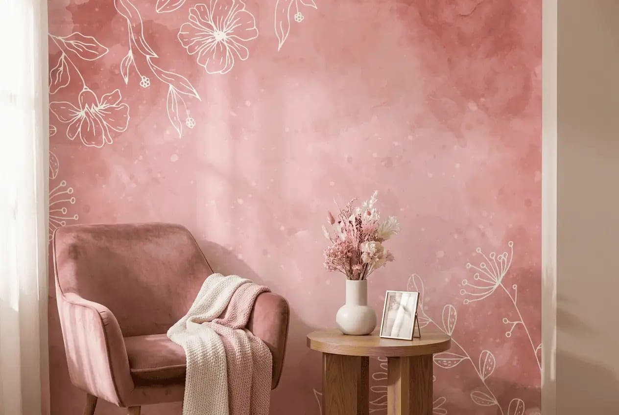 naadloos roze aquarel achtergrond witte lijnbloemen behang op maat