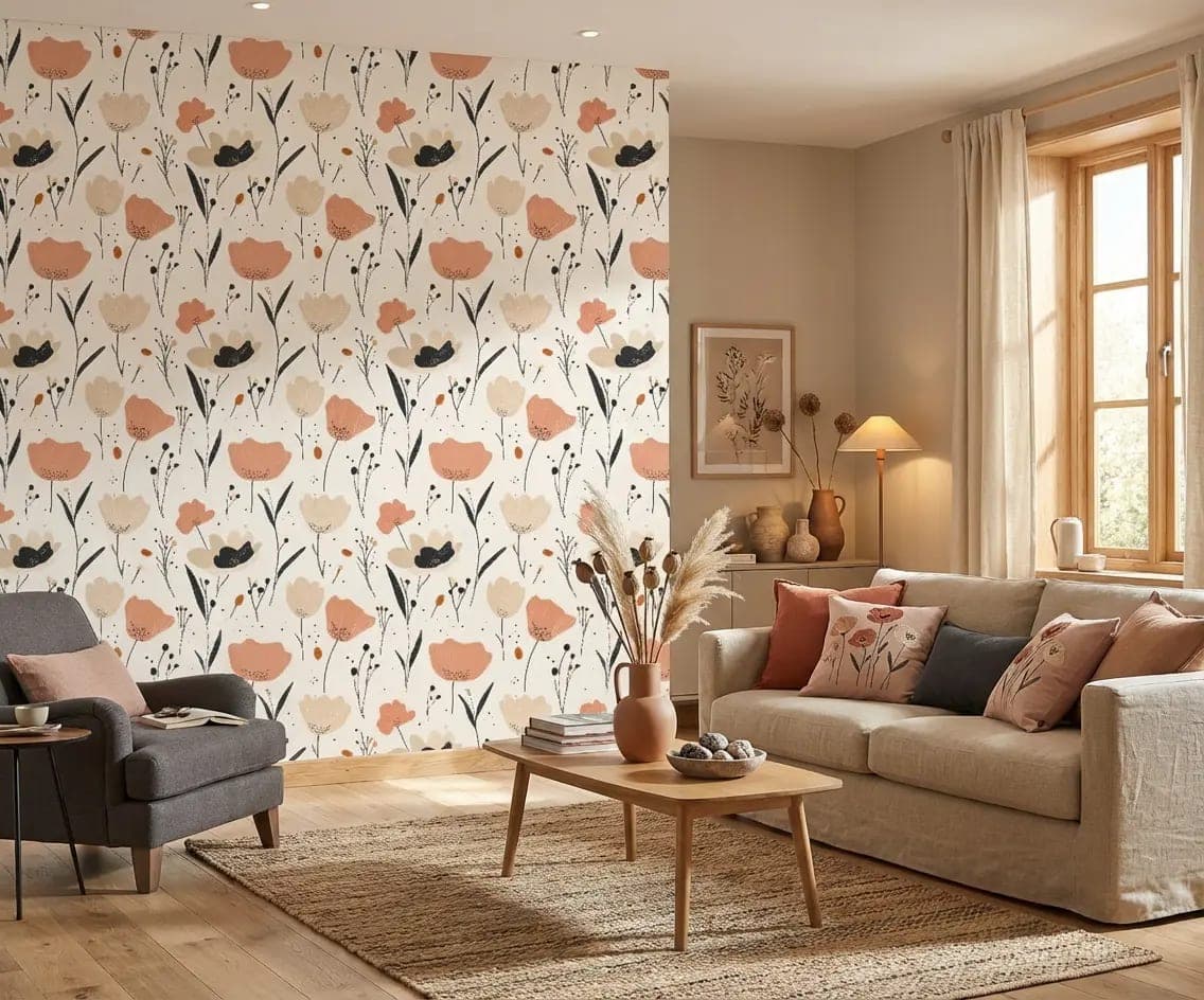 grafische bloemen terracotta en zand op crème behang op maat in beige en bruin