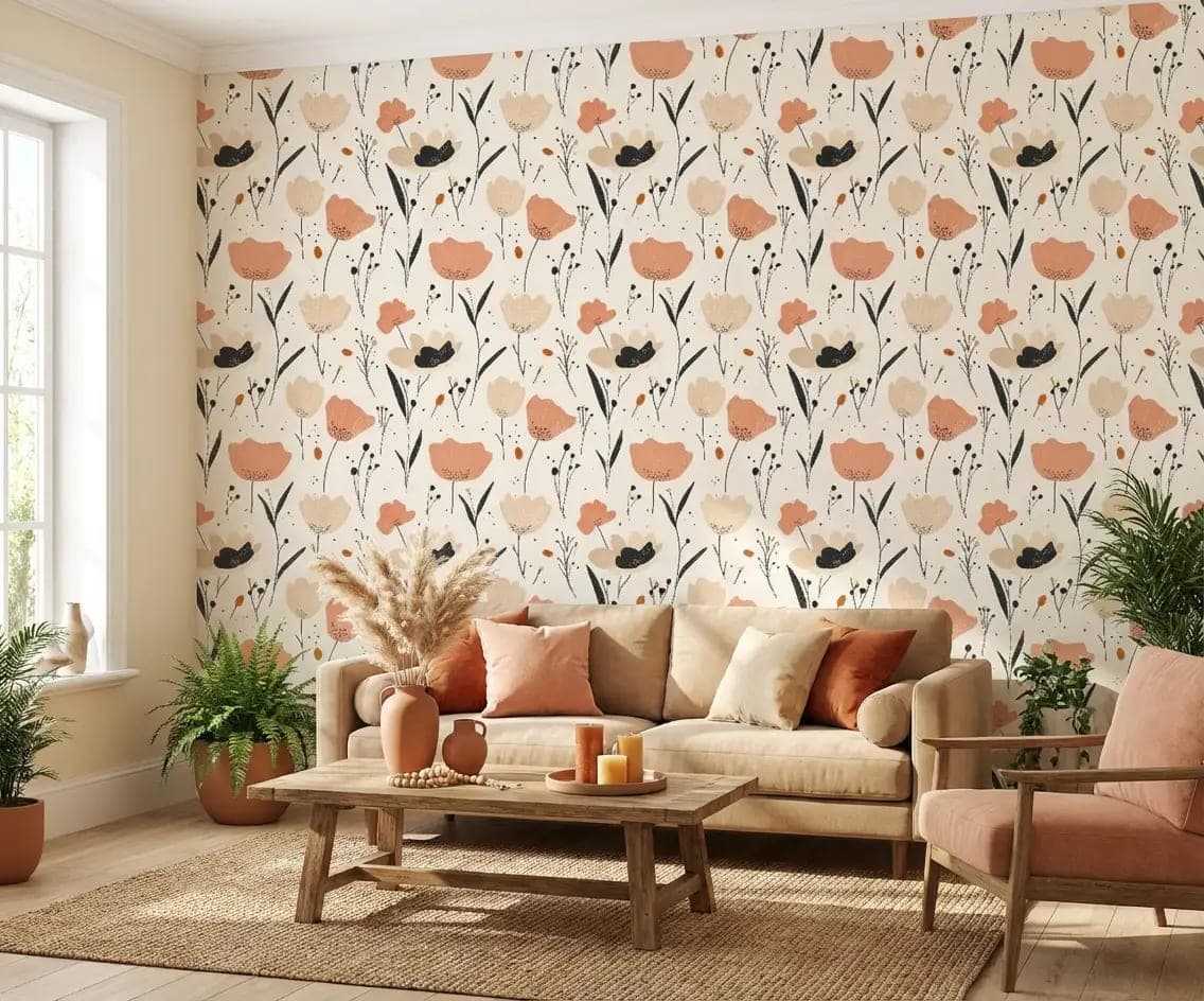 naadloos grafische bloemen terracotta en zand op crème behang op maat