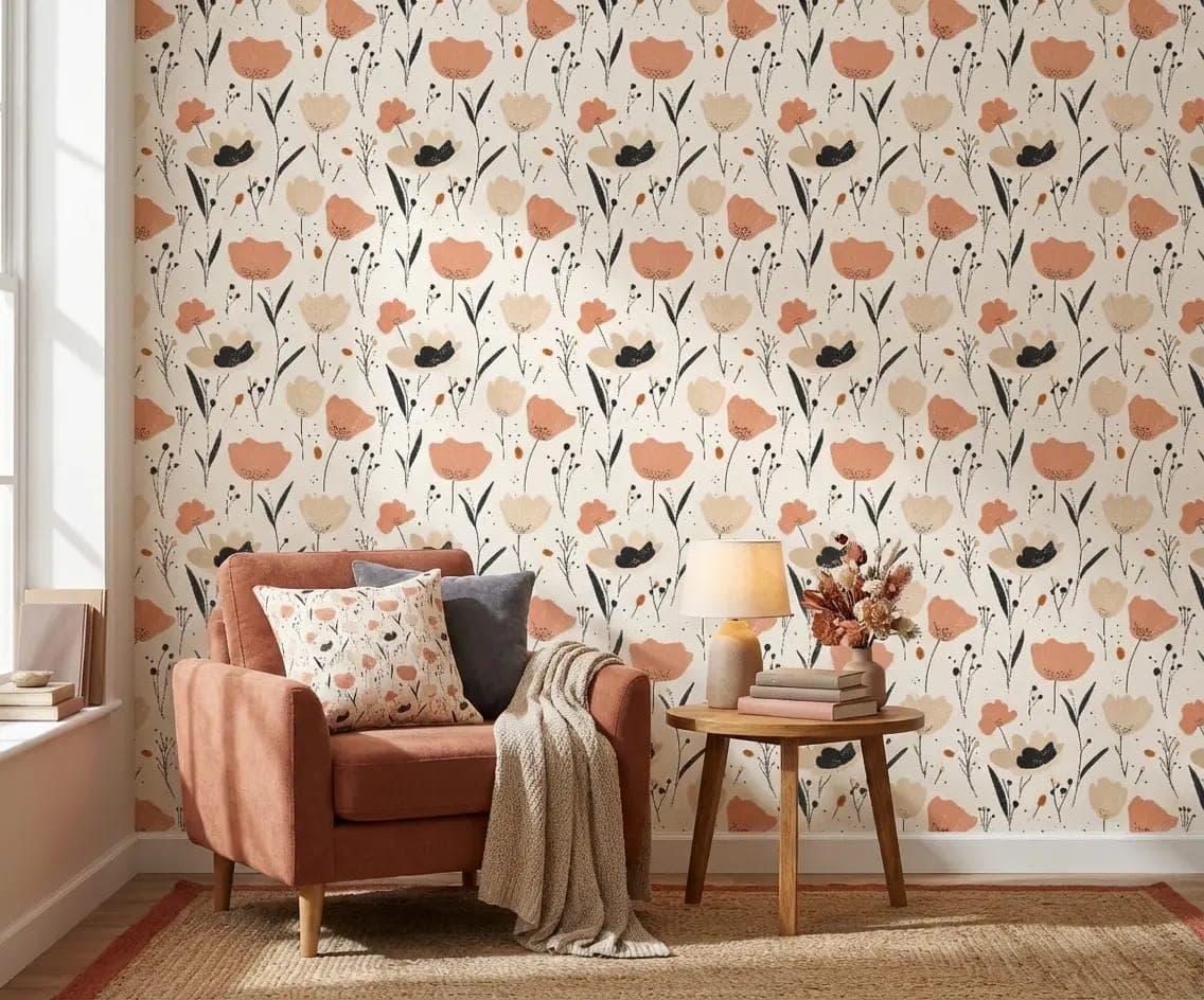 grafische bloemen terracotta en zand op crème behang in beige en bruin — naadloos op maat geprint