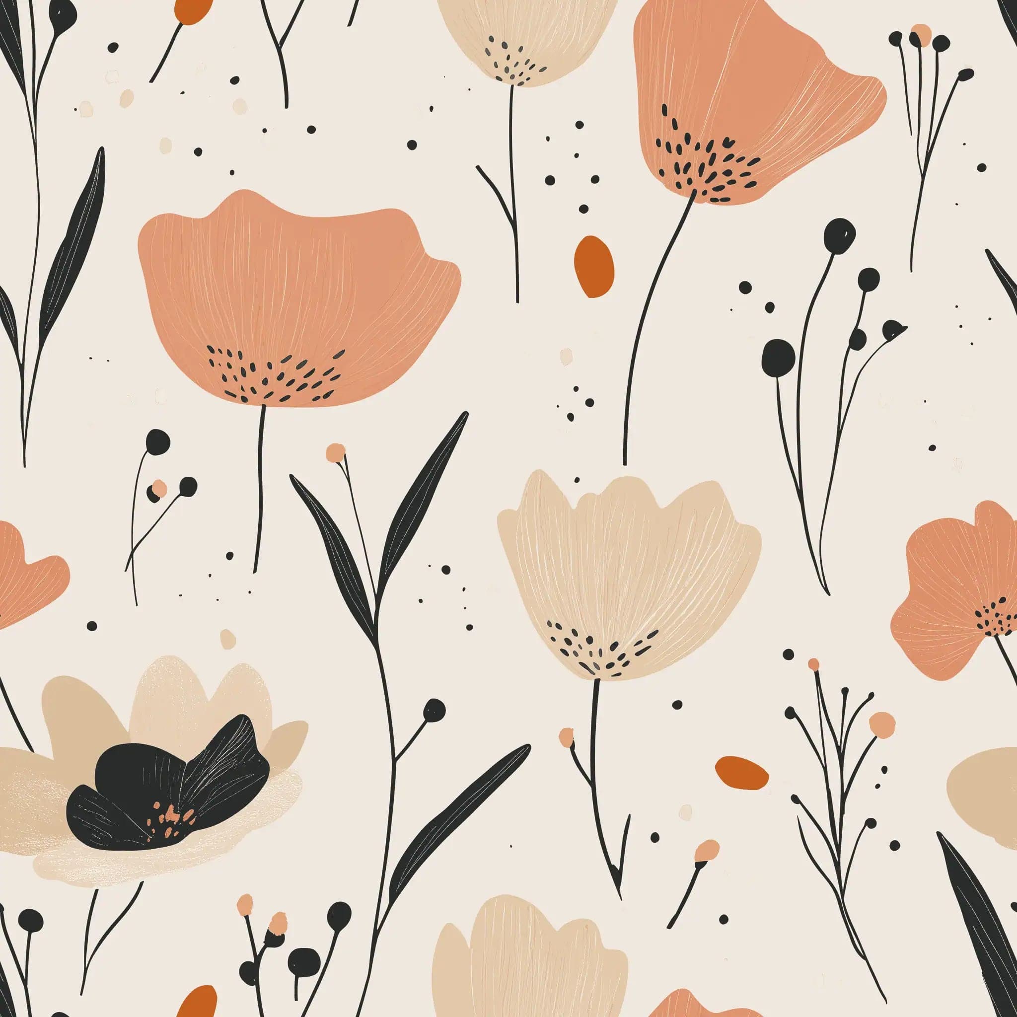 Behang met Grafische Bloemen in Terracotta en Zand op Crème