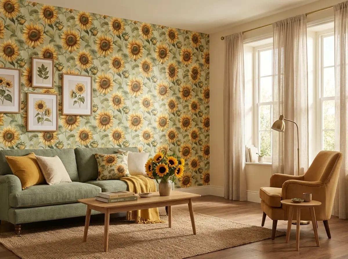 grote gele zonnebloemen op zacht groene achtergrond behang — naadloos op maat geprint