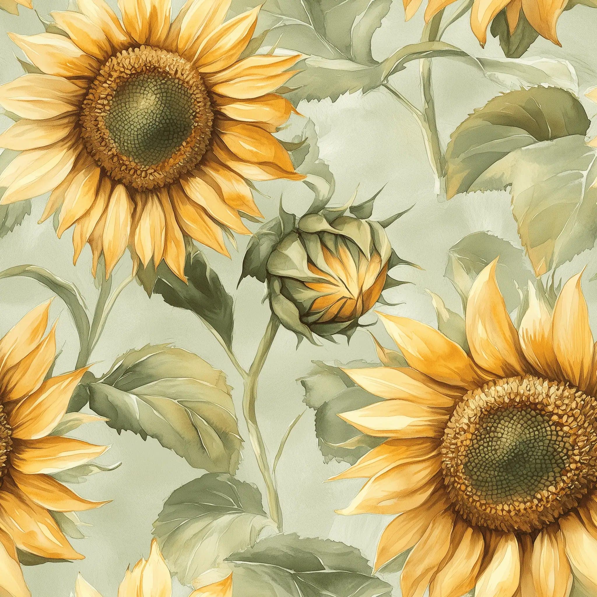 Behang met Grote Gele Zonnebloemen op Zacht Groene Achtergrond
