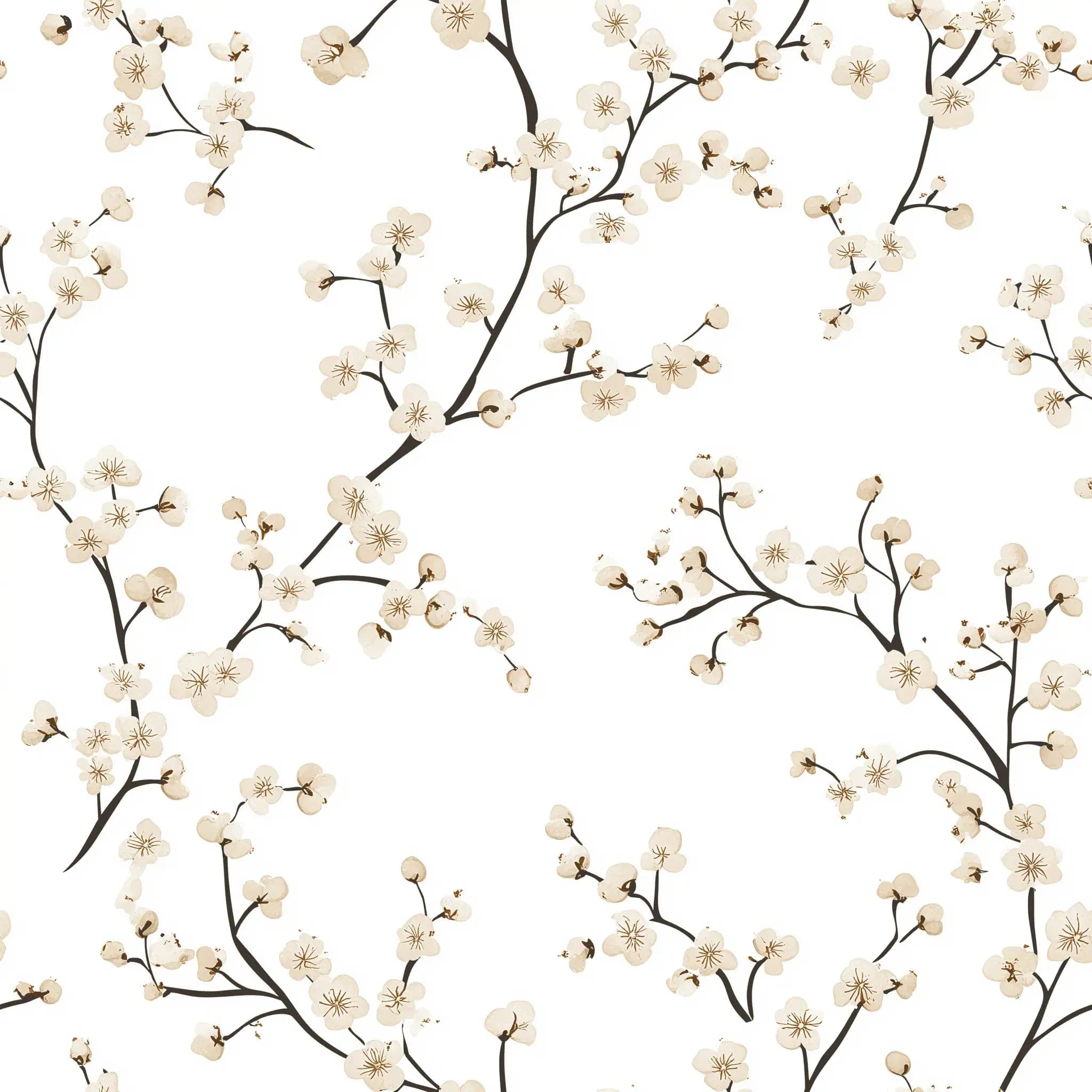 Licht Beige Bloesem Behang met Fijne Bloemenranken