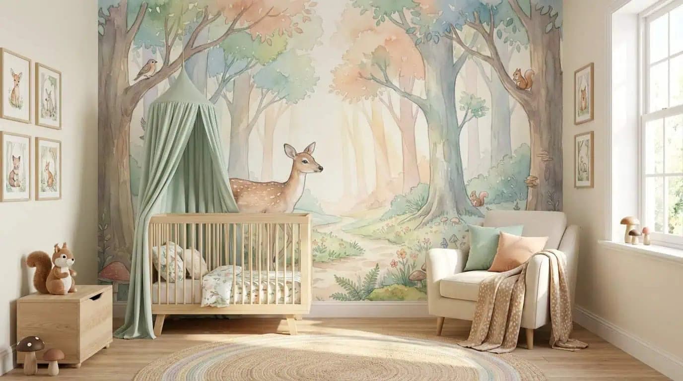 sprookjesachtig bos hert en pastel dieren behang op maat