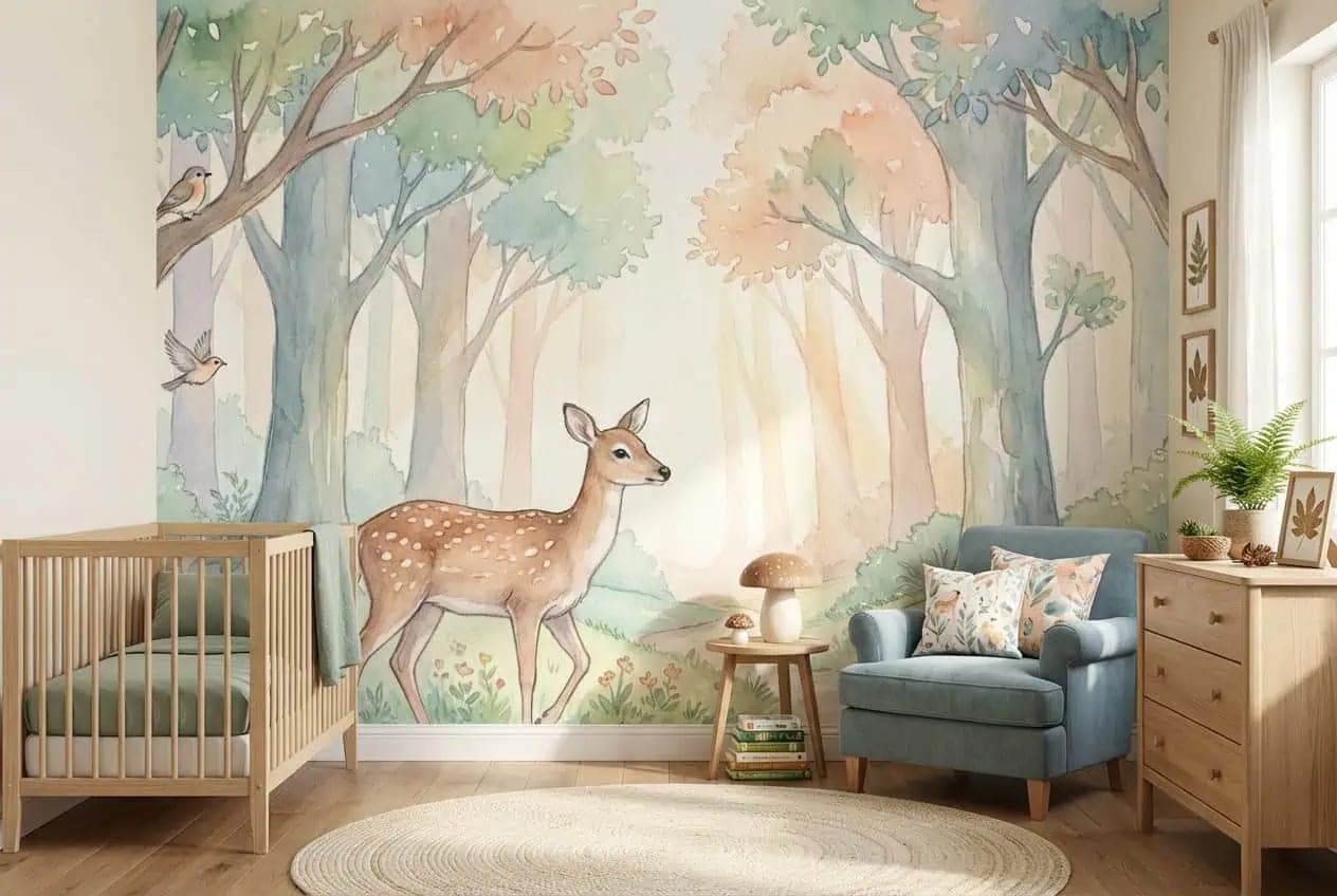 naadloos sprookjesachtig bos hert en pastel dieren behang op maat