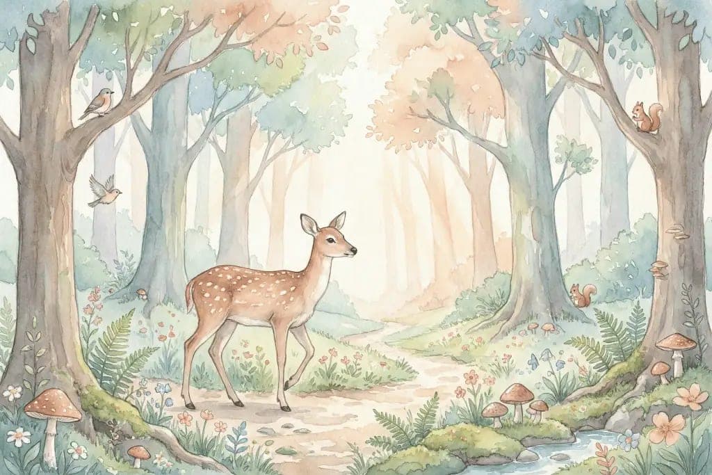 Fotobehang Sprookjesachtig Bos met Hert en Pastel Dieren