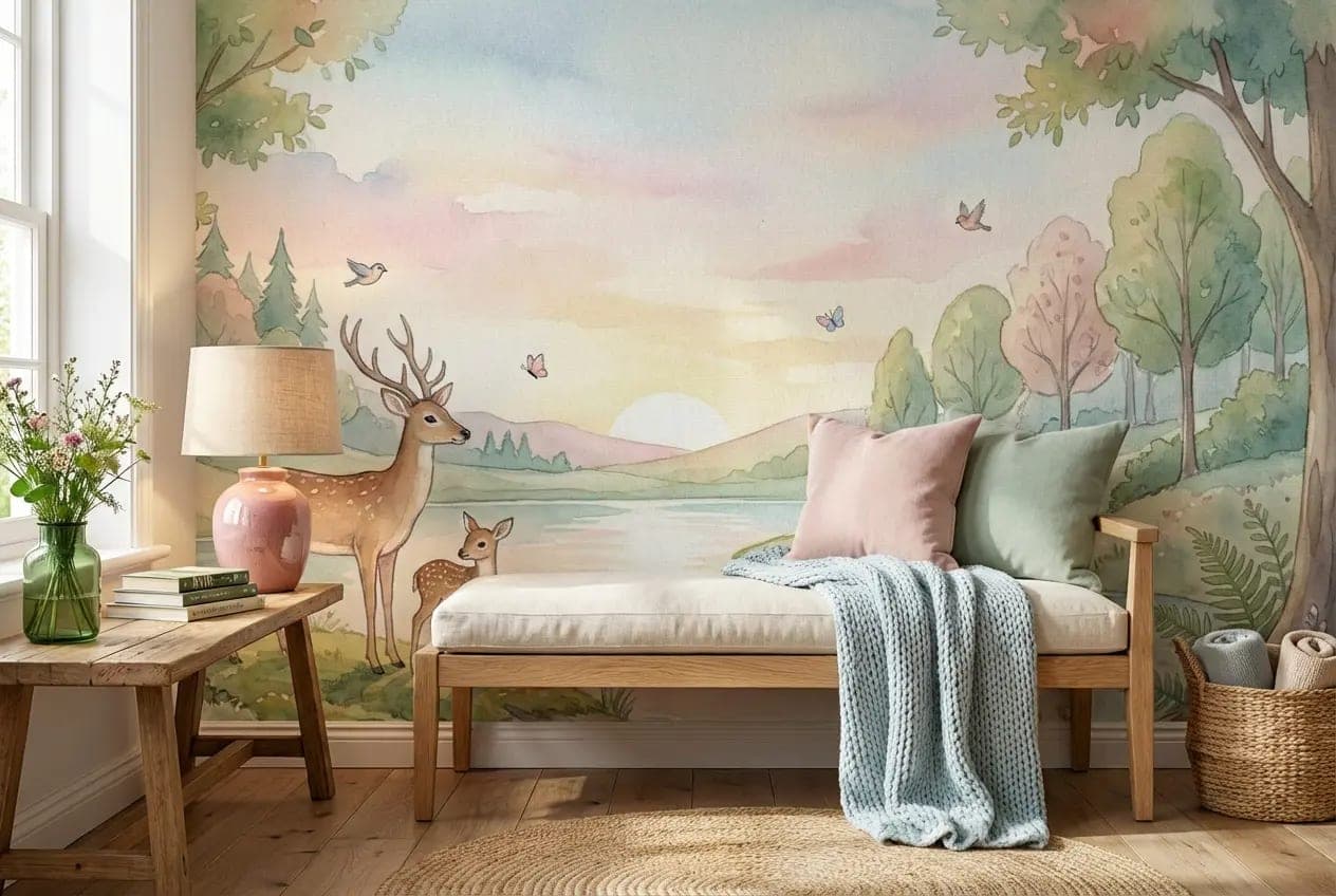 sprookjesachtig hertenbos pastel zonsopgang behang — naadloos op maat geprint