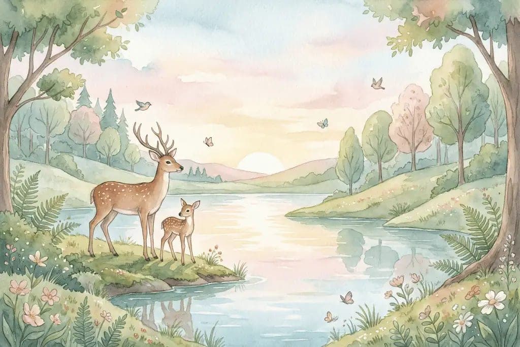 Fotobehang Sprookjesachtig Hertenbos met Pastel Zonsopgang