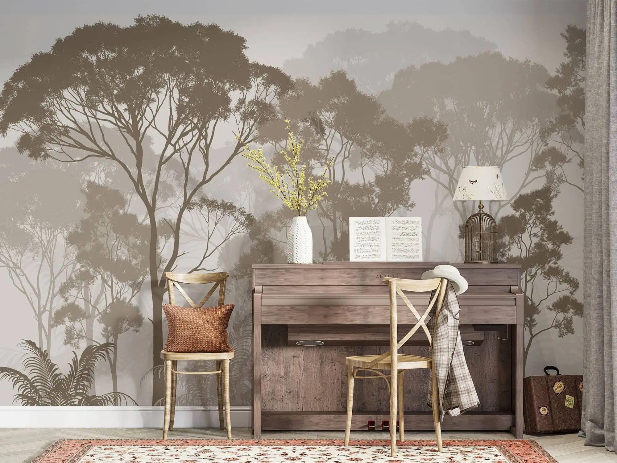 mistig bos beige bomen en subtiele ferns behang