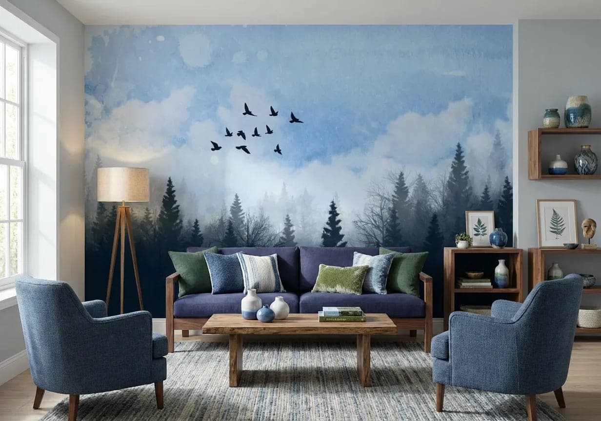mistig dennenbos vliegende vogels blauw behang op maat