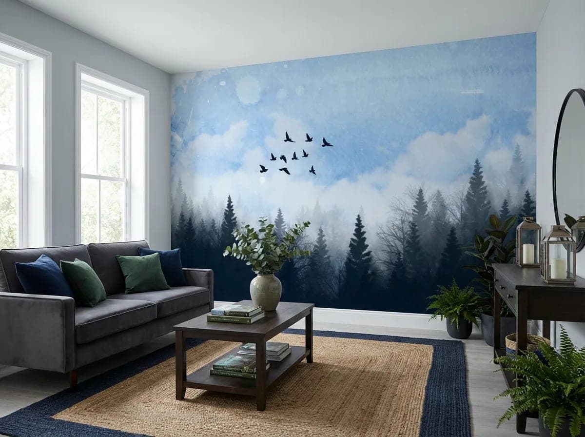 naadloos mistig dennenbos vliegende vogels blauw behang op maat