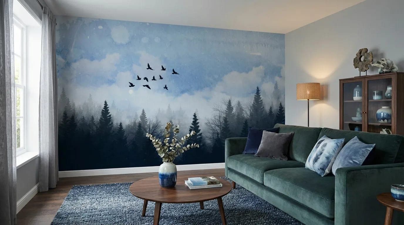 mistig dennenbos vliegende vogels blauw behang — naadloos op maat geprint