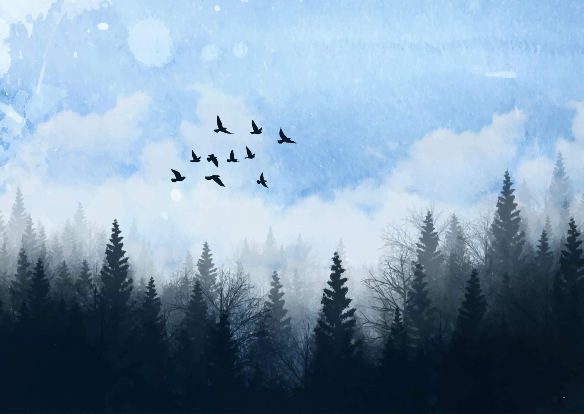 Fotobehang Mistig Dennenbos met Vliegende Vogels in Blauw