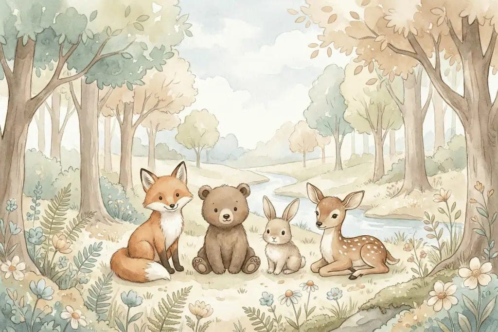 Fotobehang Bosdieren Vriendjes bij Rivier in Pastel Bos
